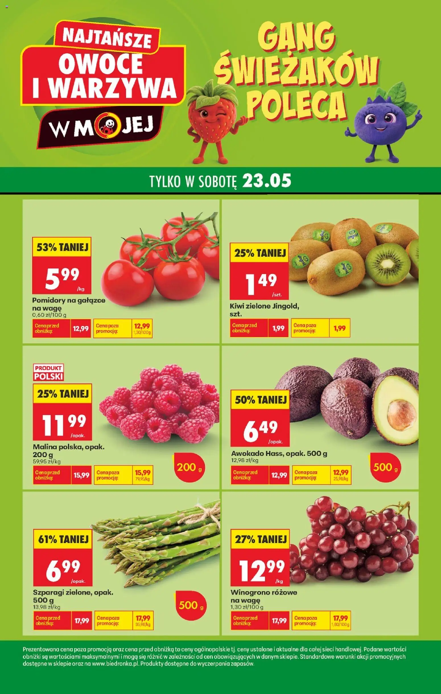 Biedronka gazetka - Swieza oferta sobota od 23.05.2026 | Strona: 1 | Produkty: Malina, Szparagi, Awokado, Warzywa