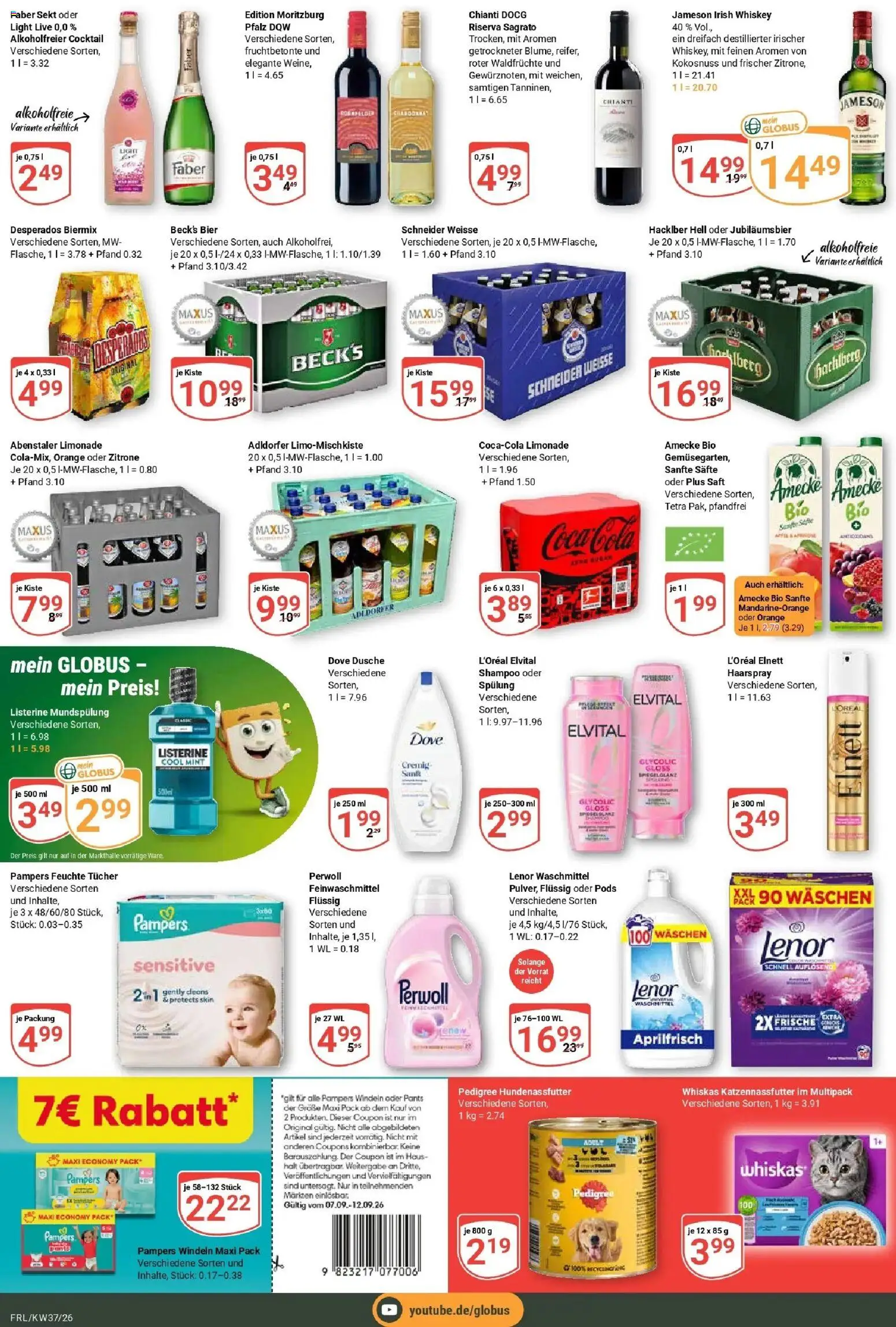 Globus Prospekt Freilassing – gültig ab 07.09.2026 | Seite: 7 | Produkte: Coca cola, Dusche, Pampers, Whiskey