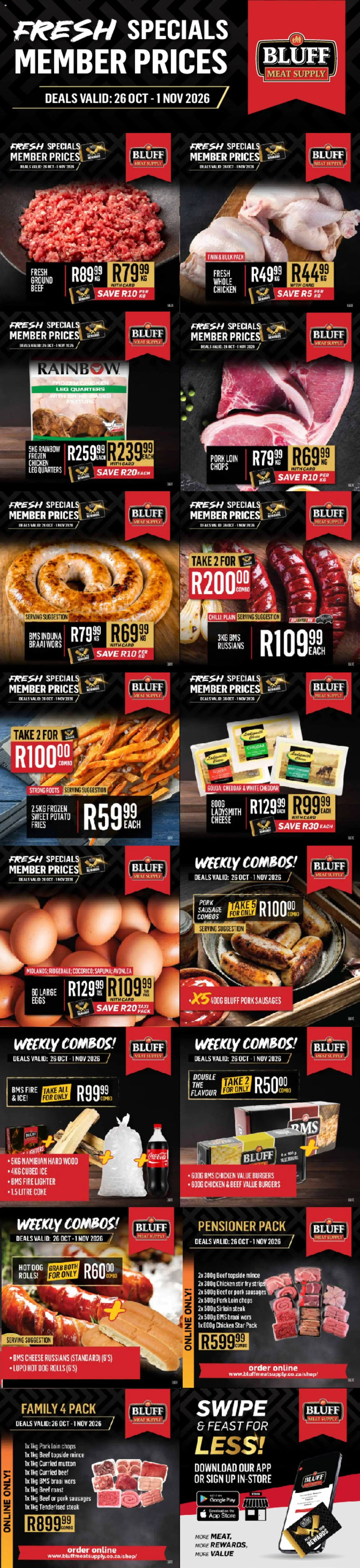 New Bluff Meat Supply catalogue – valid from 26/10/2026 | Page: 1 | Products: Frozen chicken, Cheese, Beef roast, Burgers