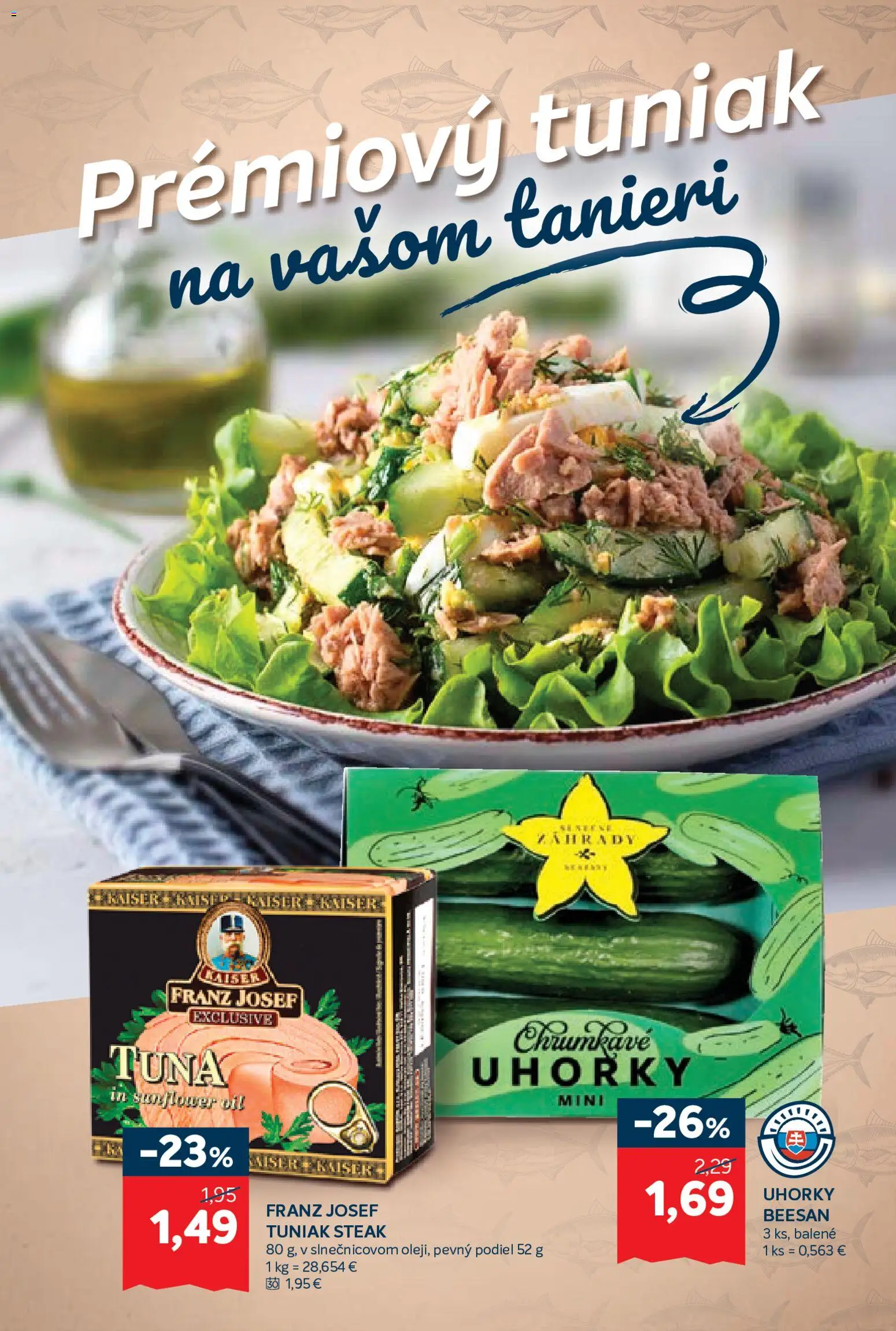 Nové Kraj akcie – leták je platný od 08.10.2026 | Strana: 8 | Produkty: Tuniak, Tuniak steak, Steak, Uhorky