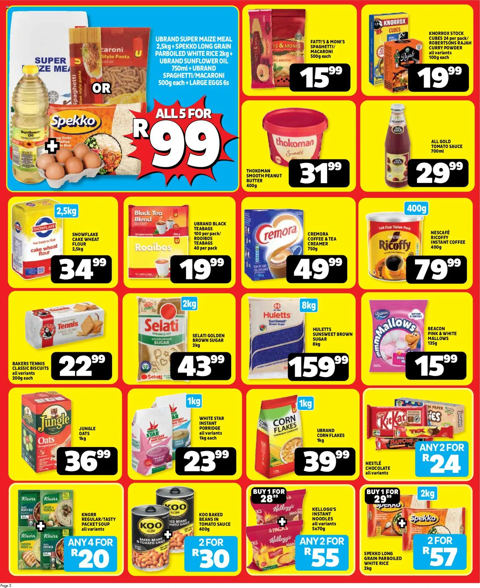 New Usave catalogue – valid from 20/07/2026 | Page: 2 | Products: Beans, Biscuits, Pasta, Flakes
