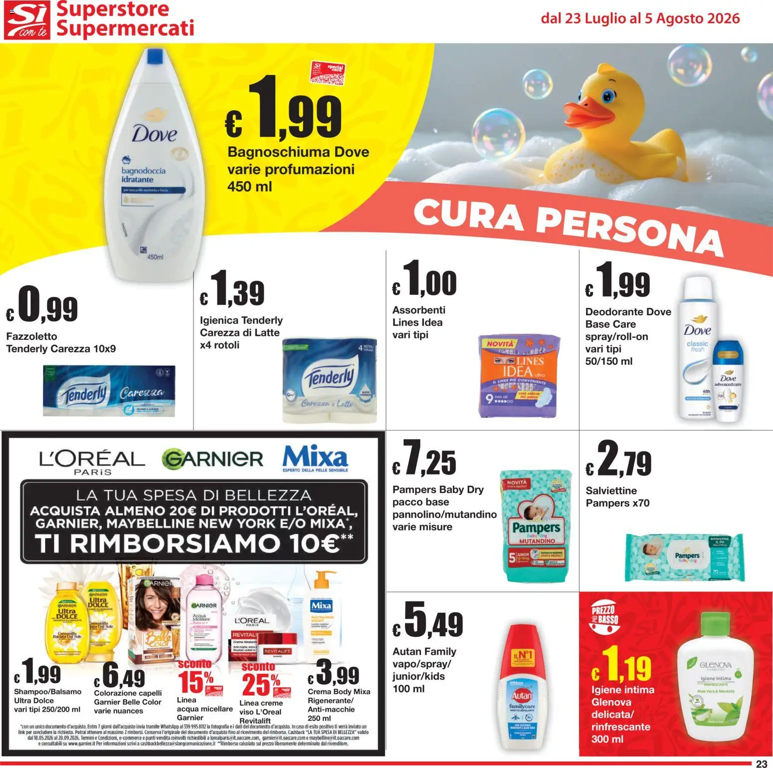 Volantino Sì con Te del 23/07/2026 | Pagina: 23 | Prodotti: Bagnoschiuma, Deodorante, Pampers, Aloe vera