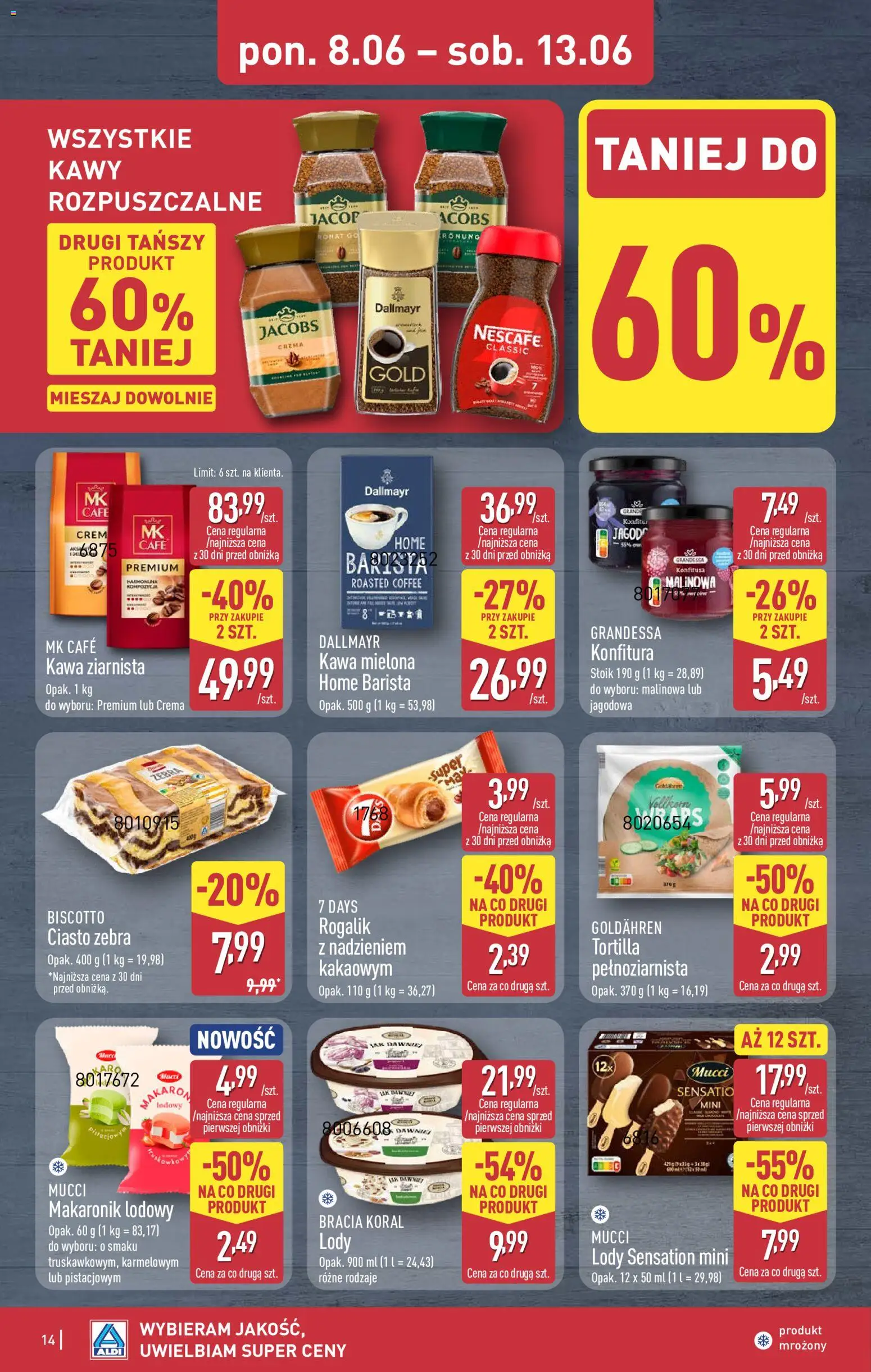 Aldi gazetka od 08.06.2026 | Strona: 14 | Produkty: Nescafe, Kawa ziarnista, Tortilla, Kawa