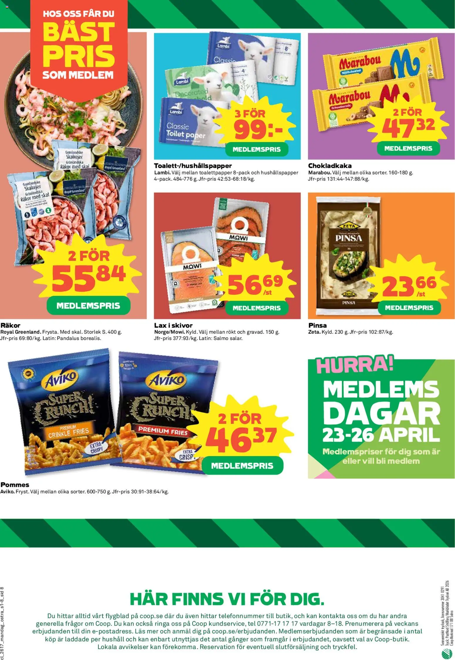 Coop Forum reklamblad aktuell från 20.04.2026 | Sida: 8 | Produkter: Chokladkaka, Toalettpapper, Räkor, Lax