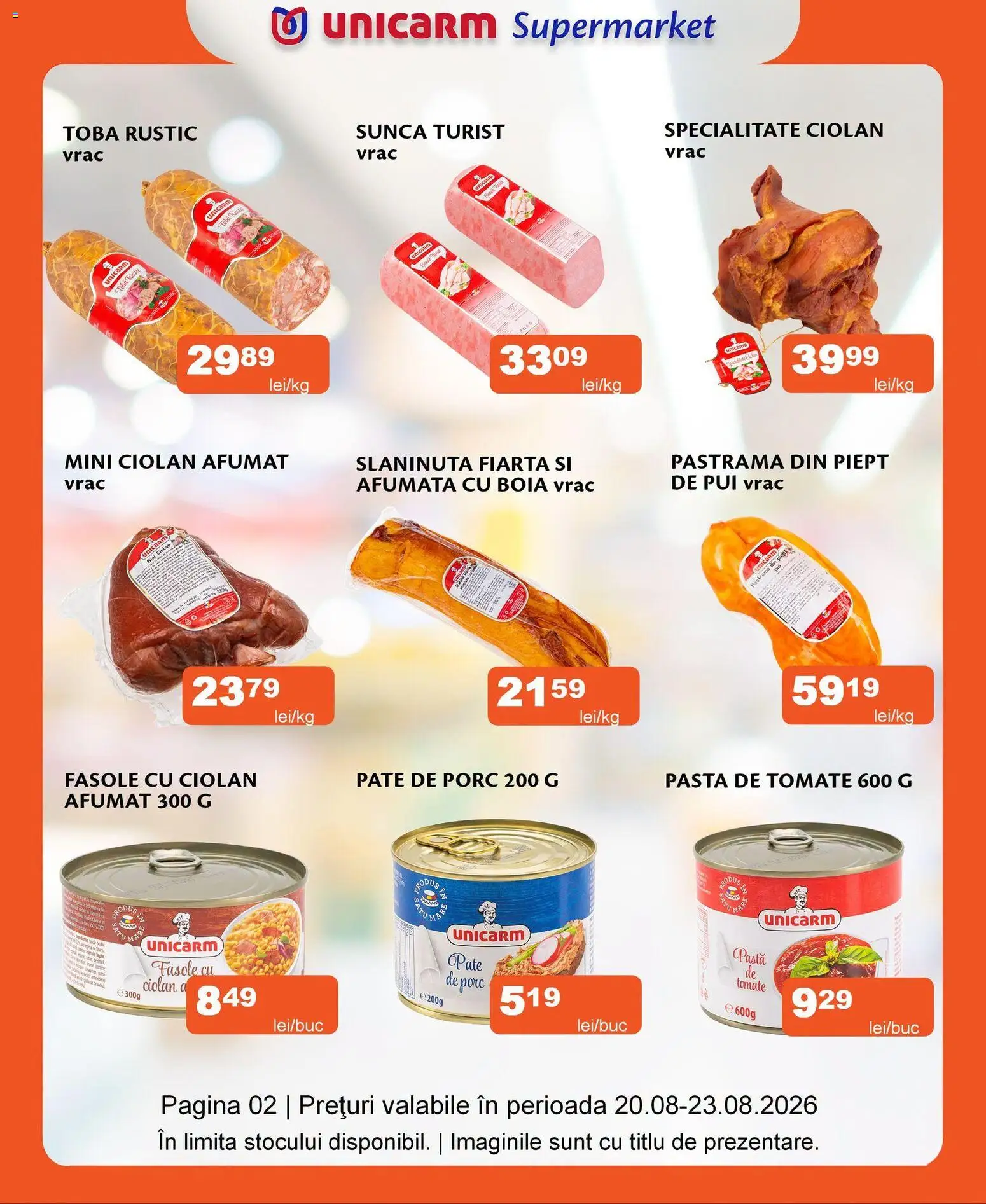 Noul catalog Unicarm – valabil de la 20.08.2026 | Pagină: 2 | Produse: Pate de Porc, Pui, Pastă de tomate, Șuncă