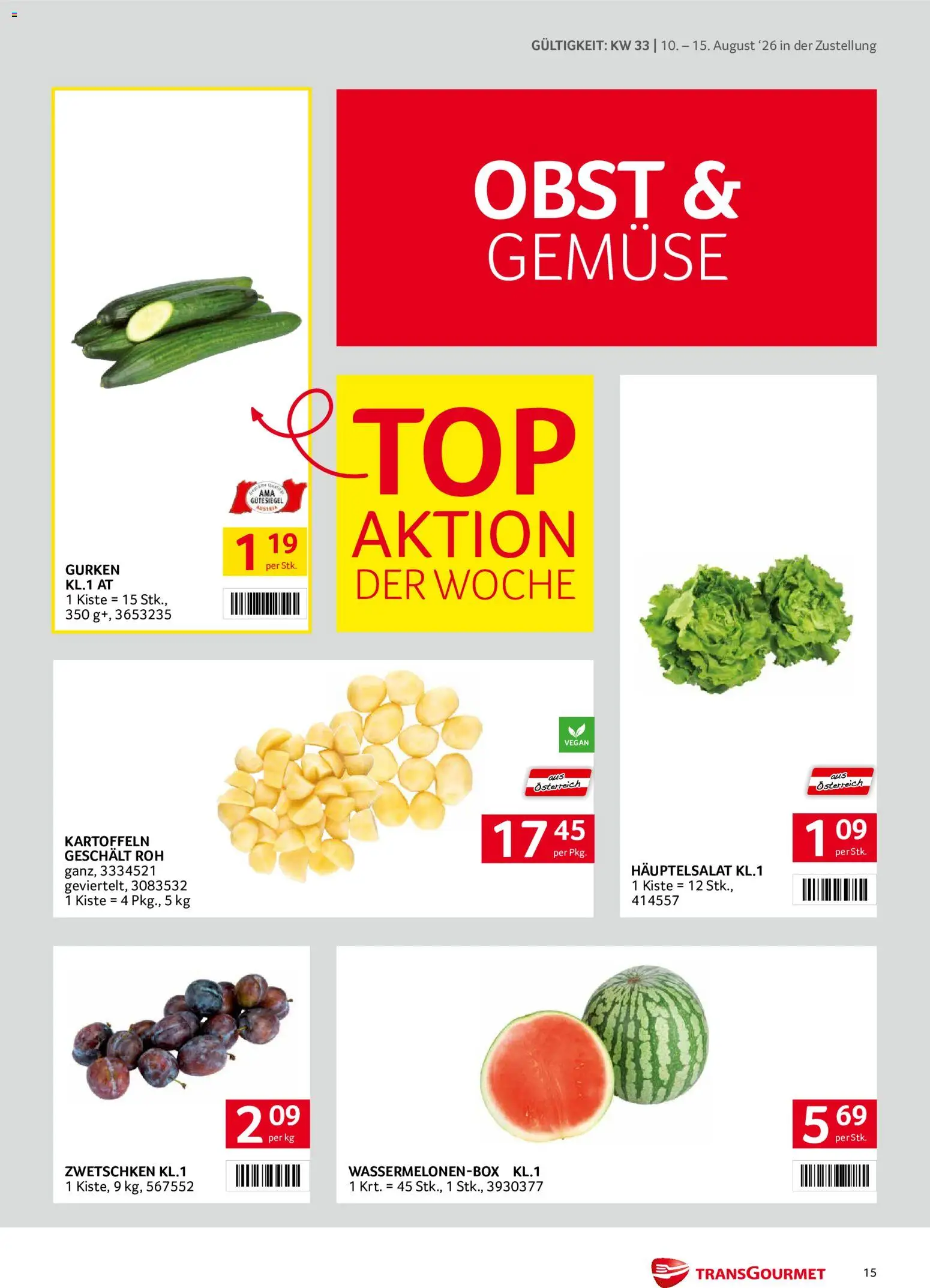 Transgourmet Zustellaktion gültig ab 10.08.2026 | Seite: 15 | Produkte: Gurken, Kartoffeln, Gemüse, Obst