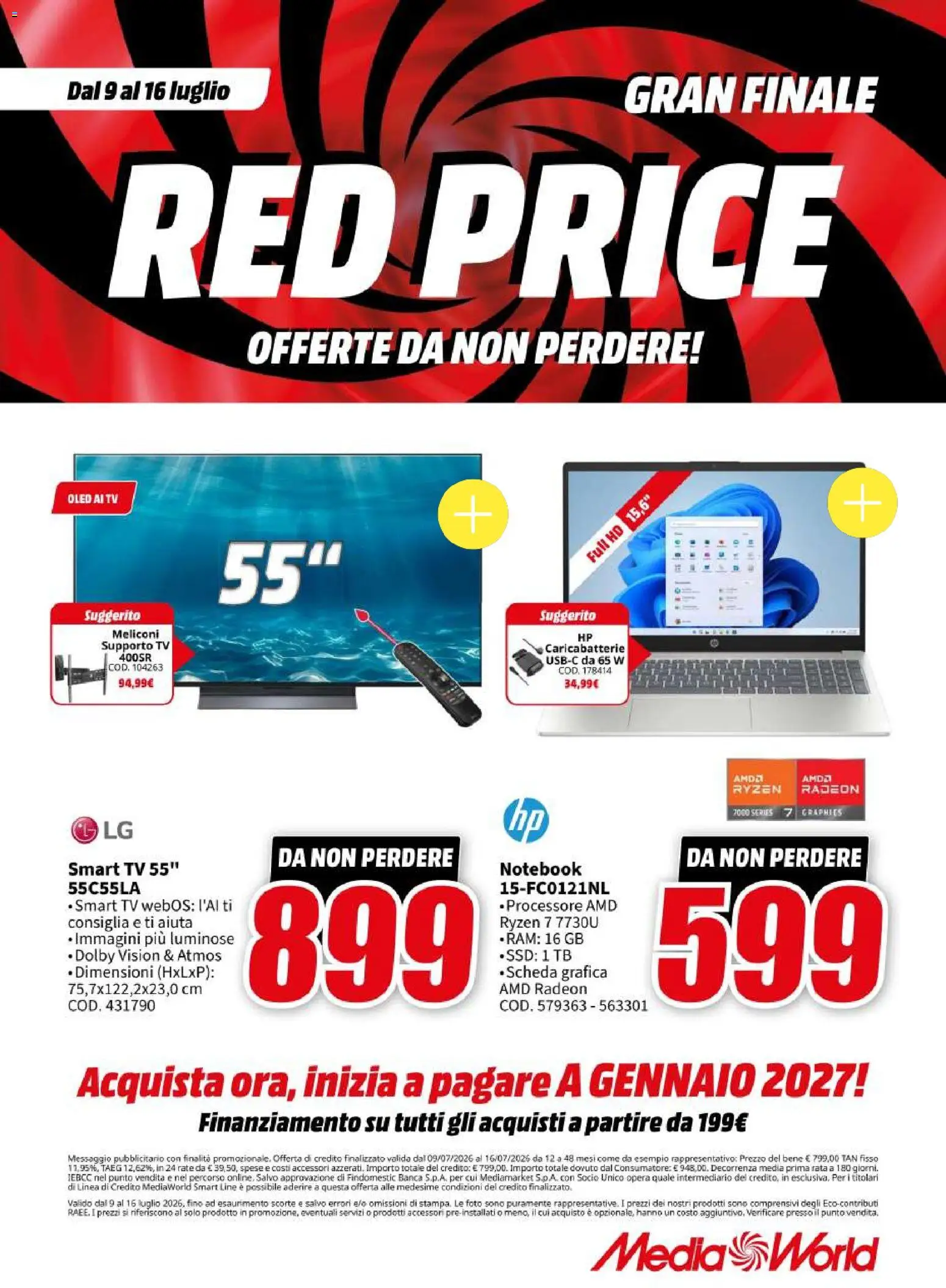 Volantino Media World del 09/07/2026 | Pagina: 1 | Prodotti: Notebook, smart TV, TV, Caricabatterie