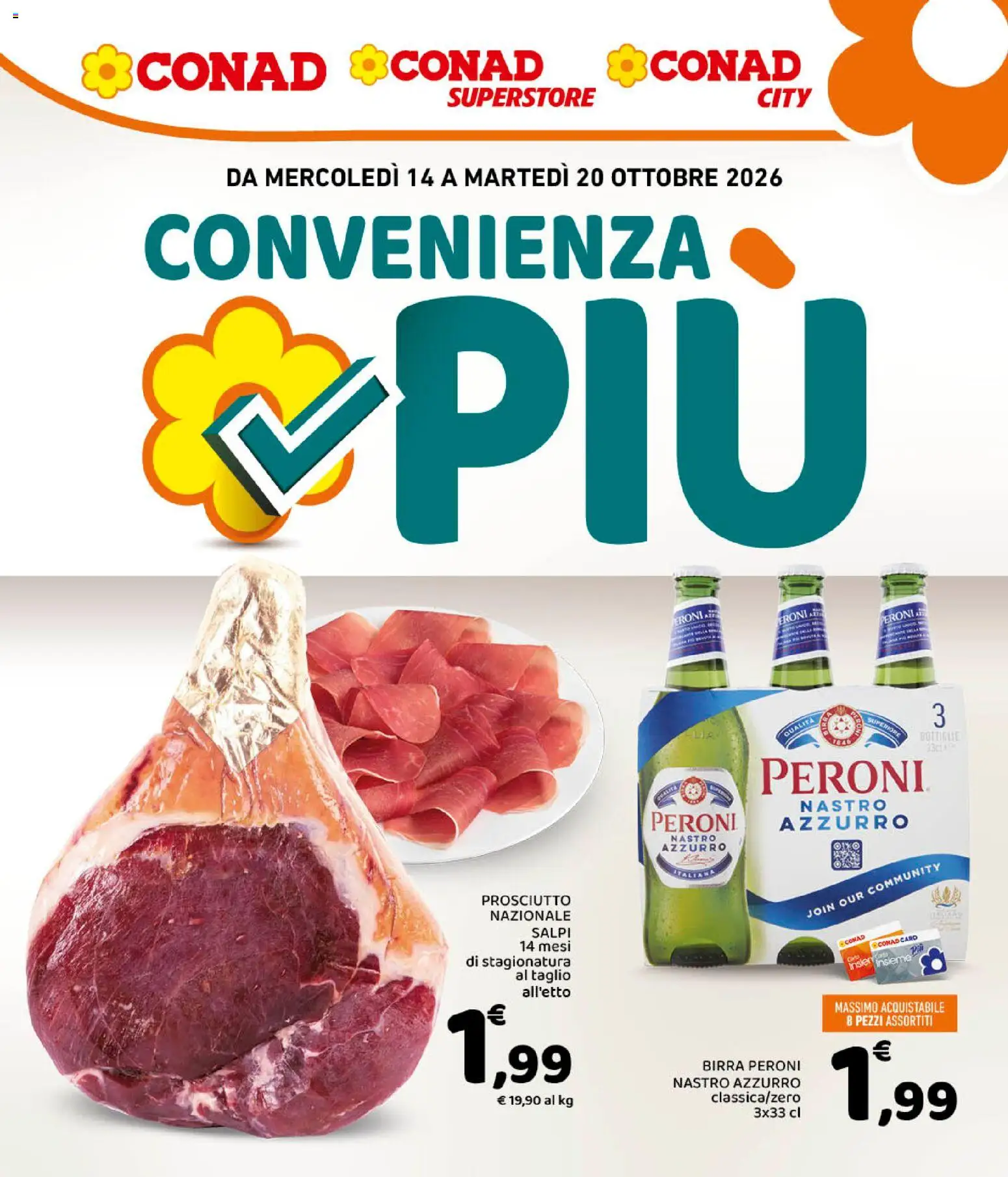 Volantino Conad del 14/10/2026 | Pagina: 1 | Prodotti: Birra, Taglio, Prosciutto, Birra Peroni