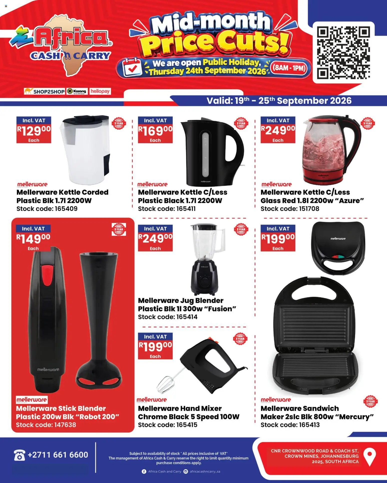 New Africa Cash & Carry catalogue – valid from 19/09/2026 | Page: 1 | Products: Kettle, Mixer, Blender, Stock