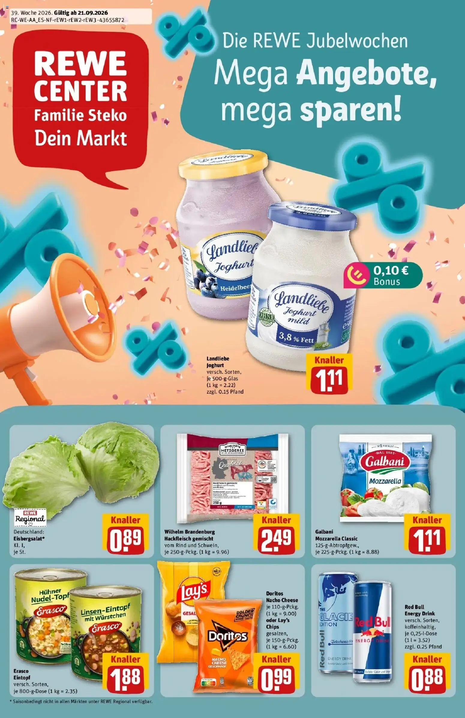 REWE Prospekt ab 21.09.2026 zum Blättern » Angebote | Seite: 1 | Produkte: Red bull, Energy, Erasco, Chips
