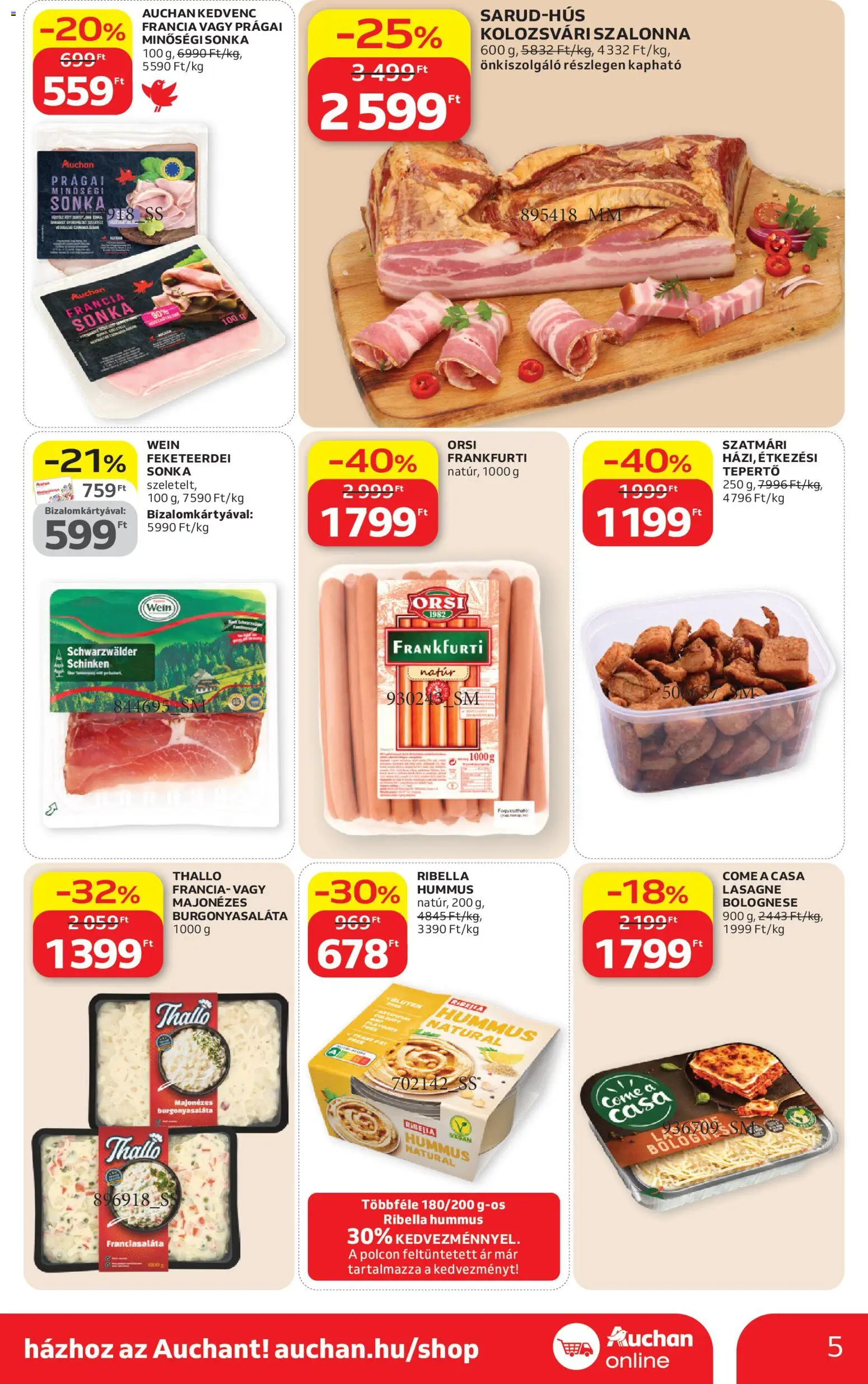 Auchan akciós ujság - amely érvényes a következő dátumtól: 16.04.2026 | Oldal: 5 | Termékek: Sonka, Szalonna, Lasagne