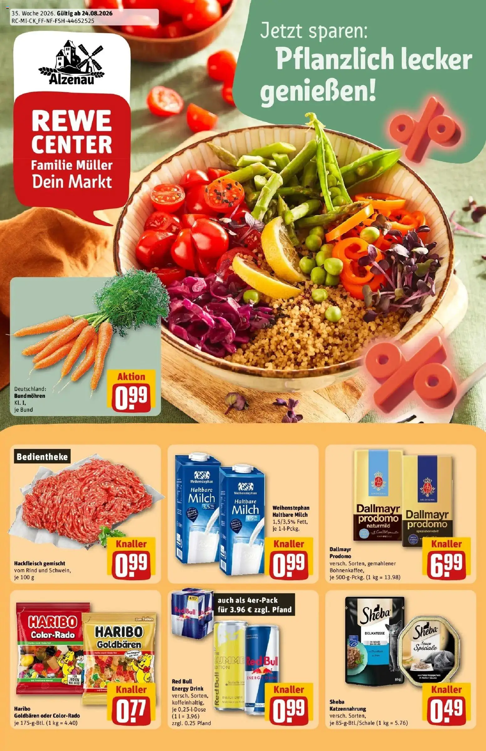REWE Prospekt ab 24.08.2026 zum Blättern » Angebote | Seite: 1 | Produkte: Sheba, Energy, Haltbare milch, Dallmayr prodomo