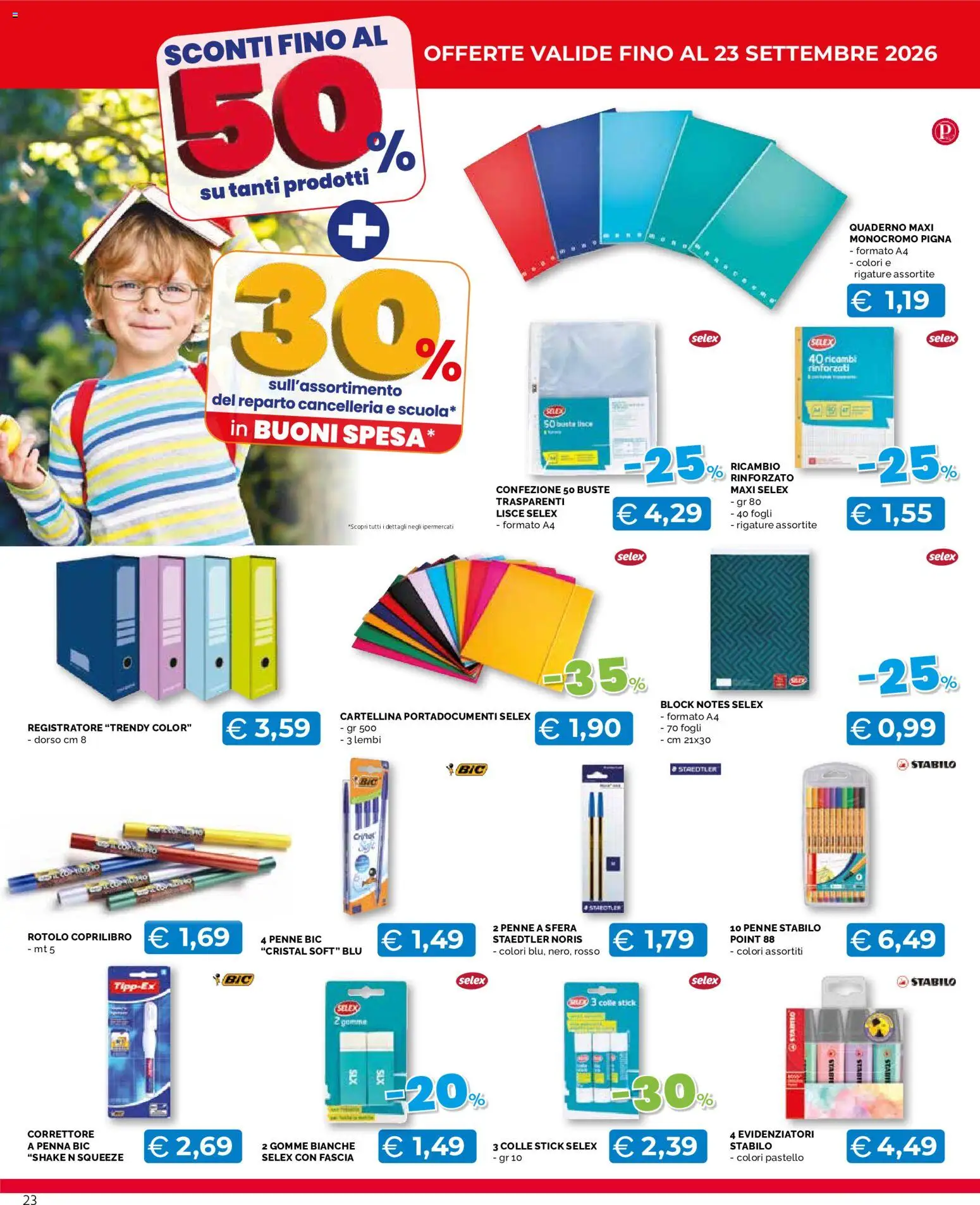 Volantino Mercatò del 24/08/2026 | Pagina: 23 | Prodotti: Quaderno, Penne, Correttore