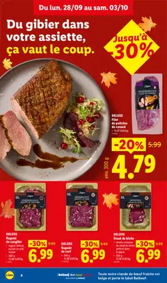 DELUXE Steak de biche, DELUXE, Steak de biche, tendre morceau, de steak de biche, prélevé dans, la gigue, 250 g -, 27,96 EUR/kg, n° 01439 - Voorbeeld van een folder van Lidl, geldig van 28/09/2026 | Pagina: 4 | Producten: Steak, La, Filet