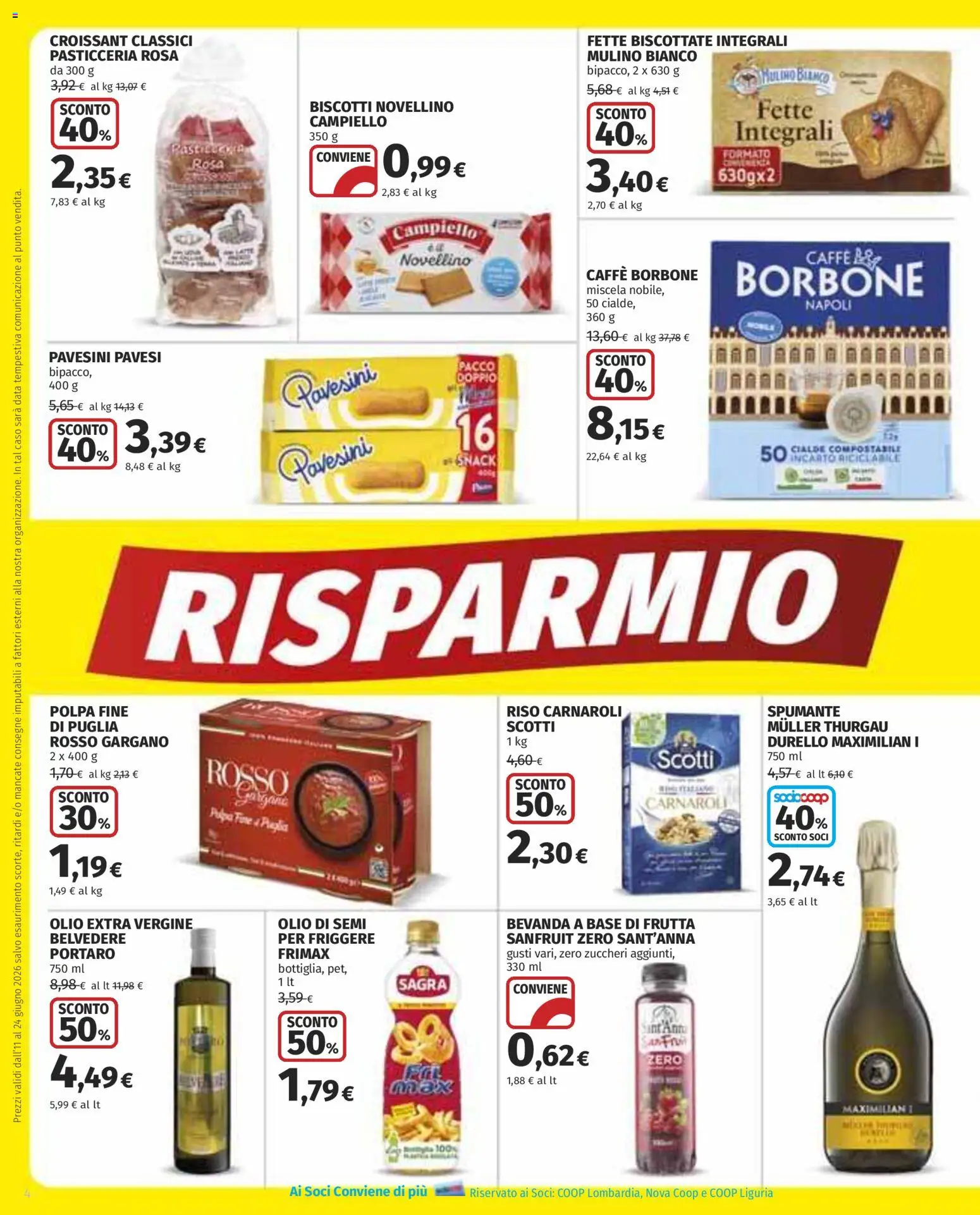 Volantino COOP del 11.06.2026 | Pagina: 4 | Prodotti: Riso Carnaroli, Caffè, Biscotti, Fette biscottate