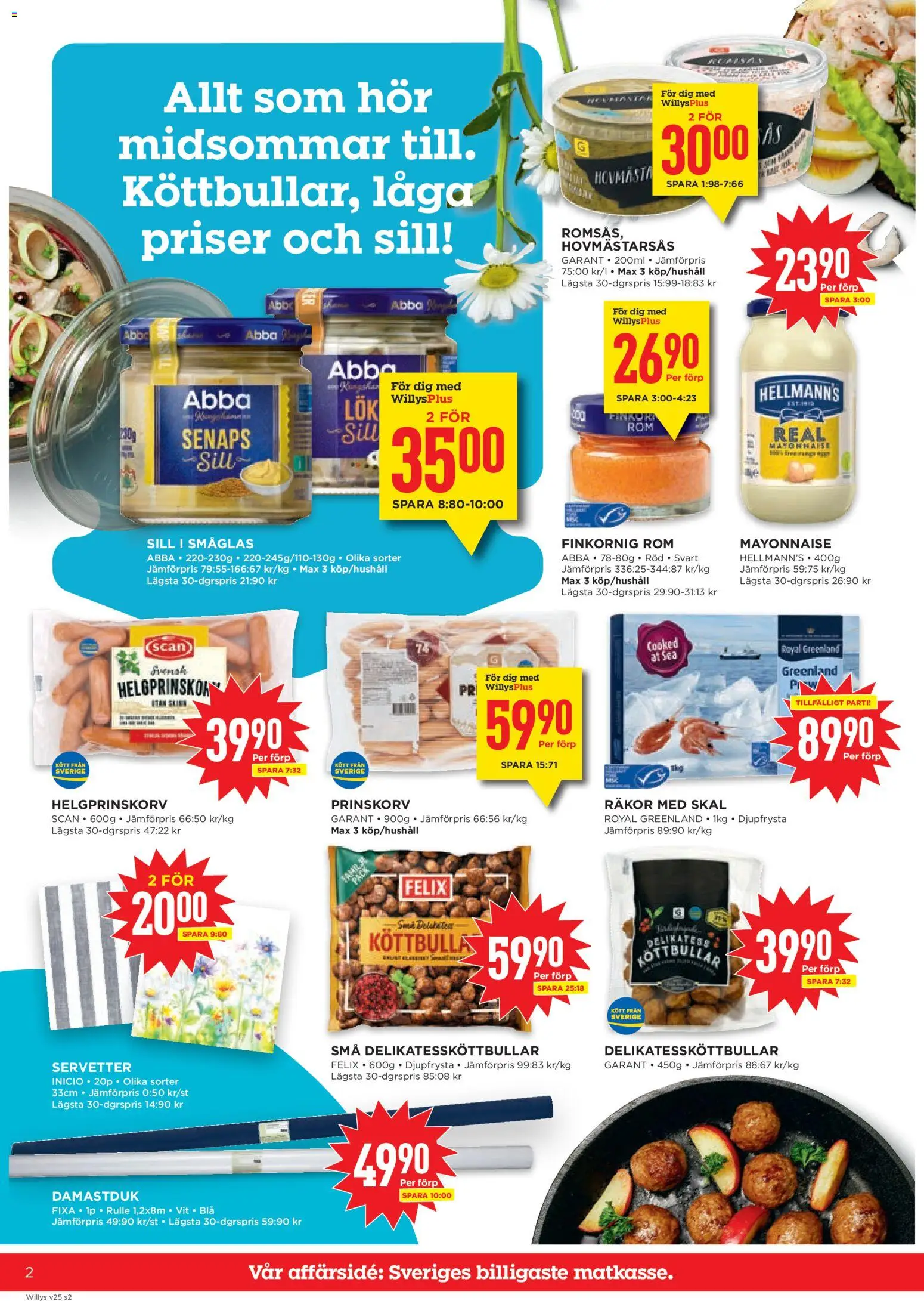 Willys reklamblad aktuell från 15.06.2026 | Sida: 2 | Produkter: Köttbullar, Räkor, Servetter, Duk