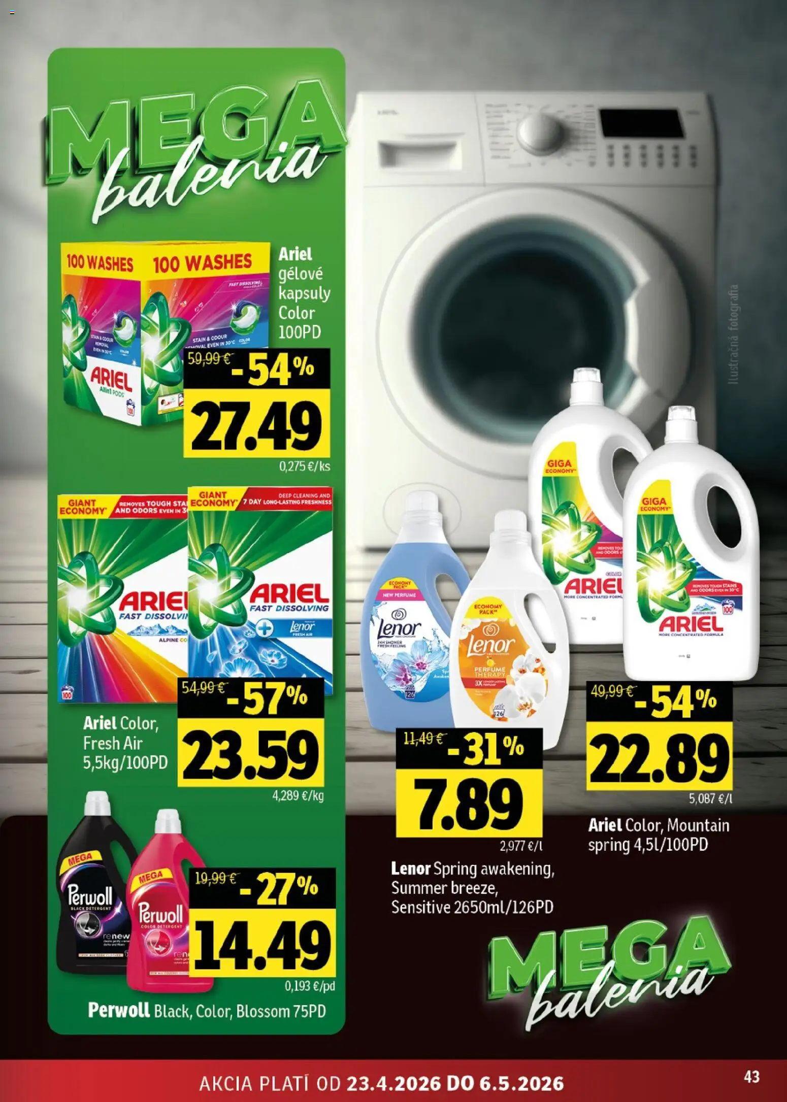 Nové Fresh akcie – leták je platný od 23.04.2026 | Strana: 43 | Produkty: Perwoll, Ariel, Lenor