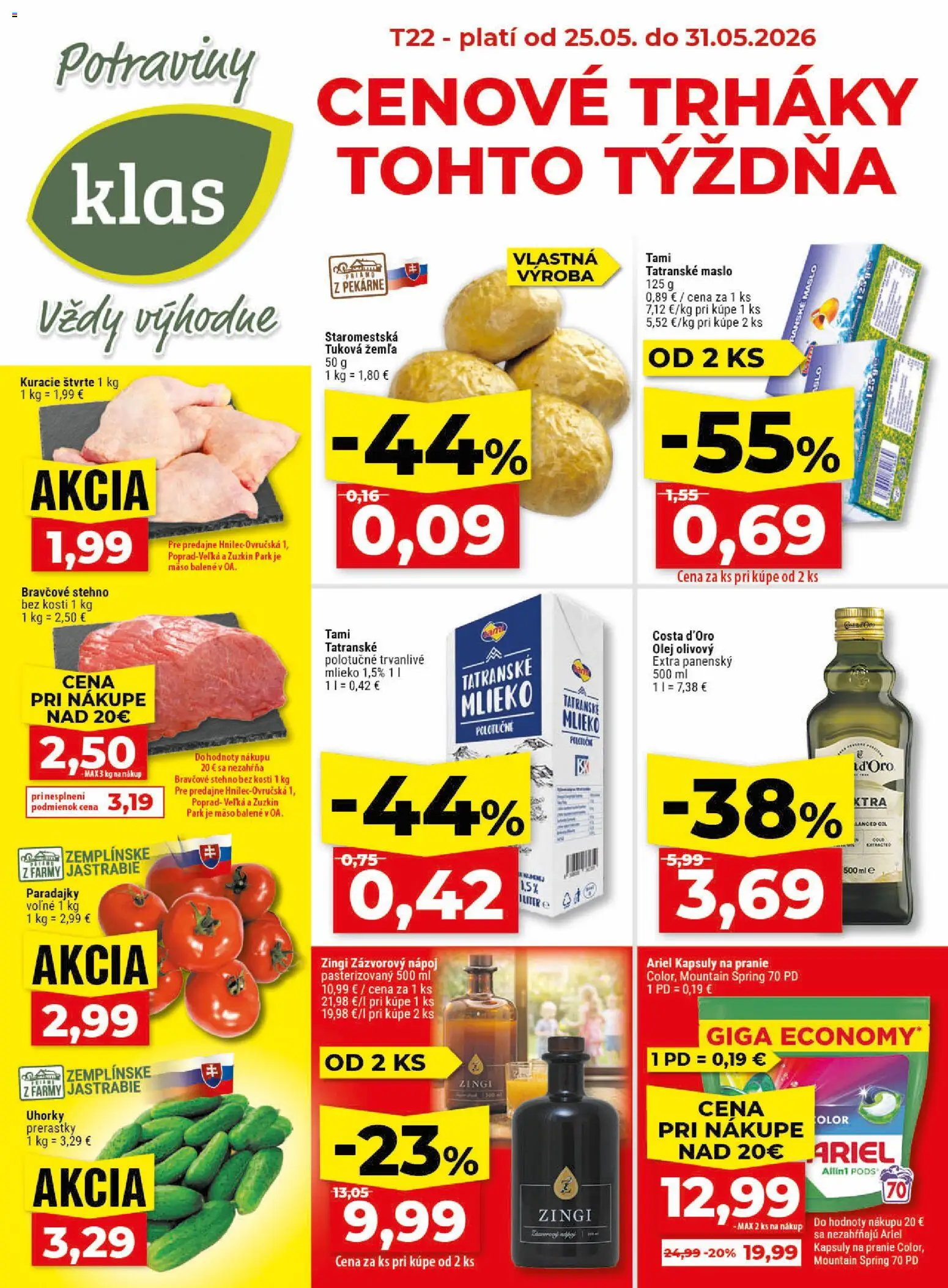 Nové Klas akcie – leták je platný od 25.05.2026 | Strana: 1 | Produkty: Maslo, Paradajky, Bravčové stehno, Tatranské maslo