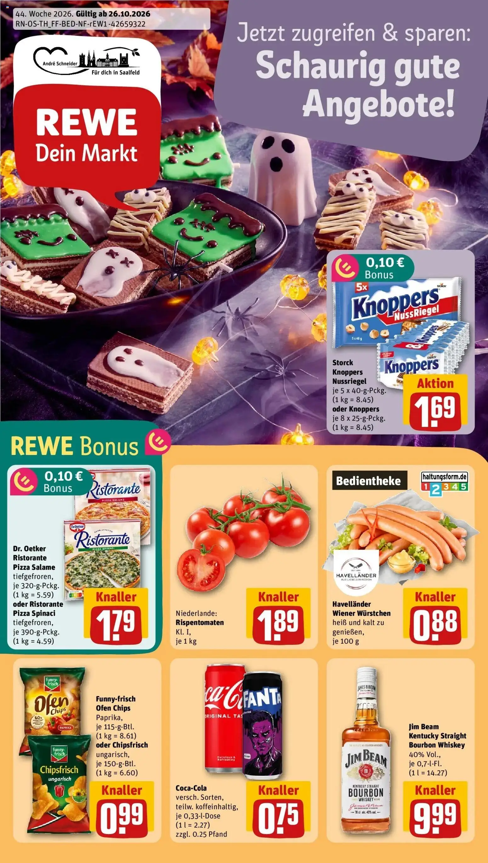 REWE Prospekt ab 26.10.2026 zum Blättern » Angebote | Seite: 1 | Produkte: Ofen, Jim beam, Knoppers, Whiskey