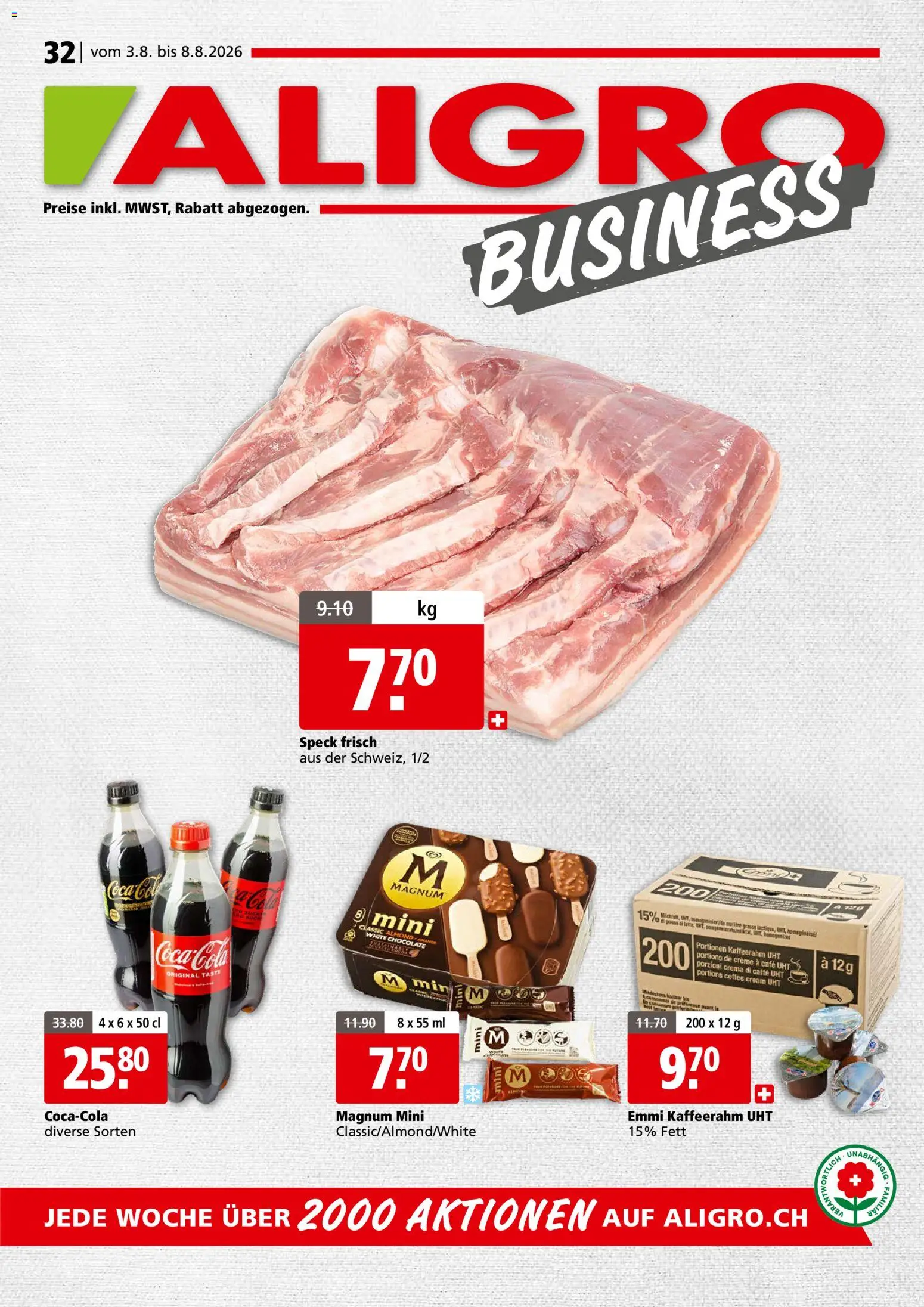 Aligro aktionen Business Schlieren, Gossau SG, Frauenfeld, Rapperswil-Jona, Sargans, Bern – gültig ab 03.08.2026 | Seite: 1 | Produkte: Coca Cola, En Kommode, Creme