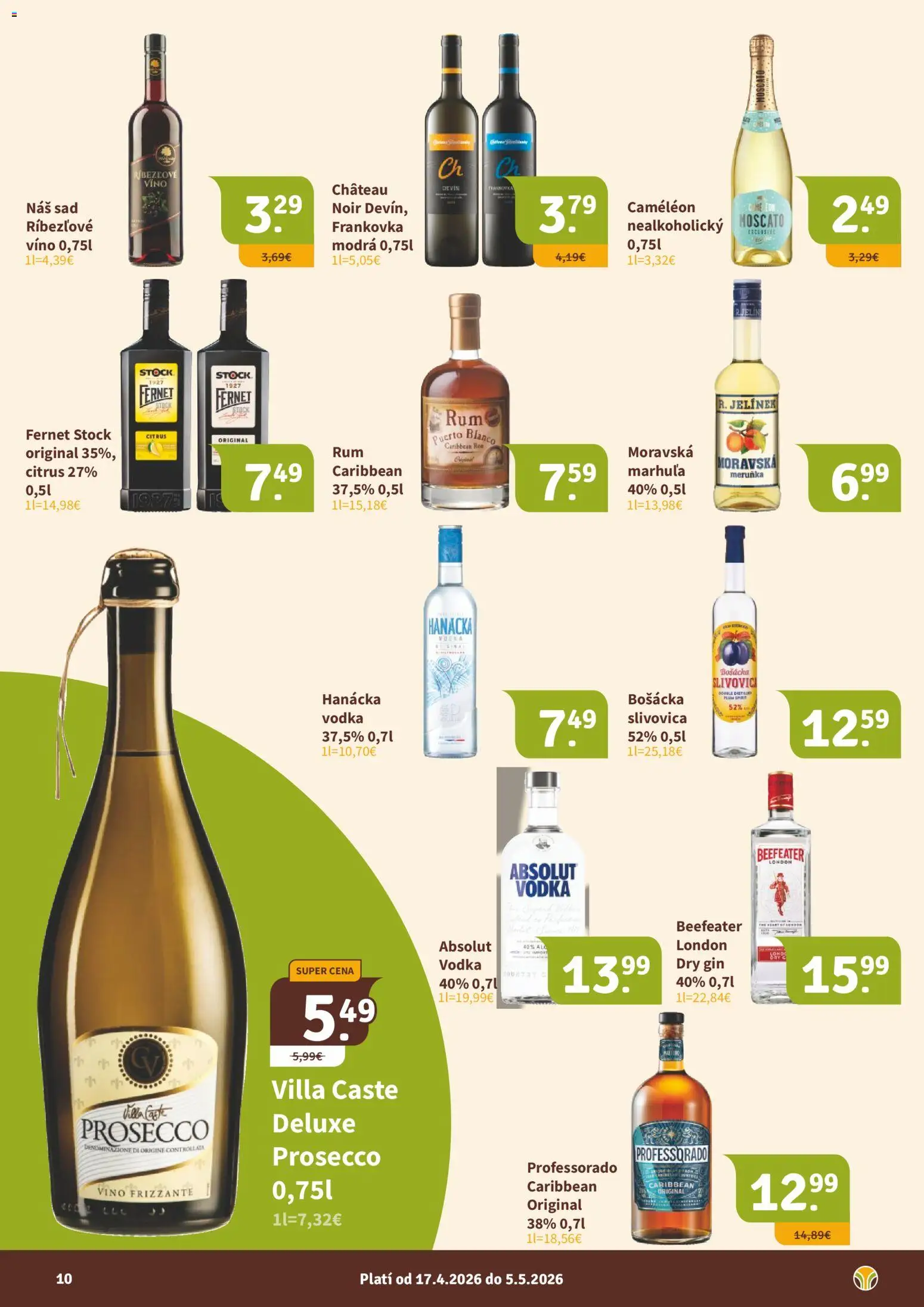 Nové Nitrazdroj akcie – leták je platný od 17.04.2026 | Strana: 10 | Produkty: Prosecco, Vodka, Fernet, Fernet Stock