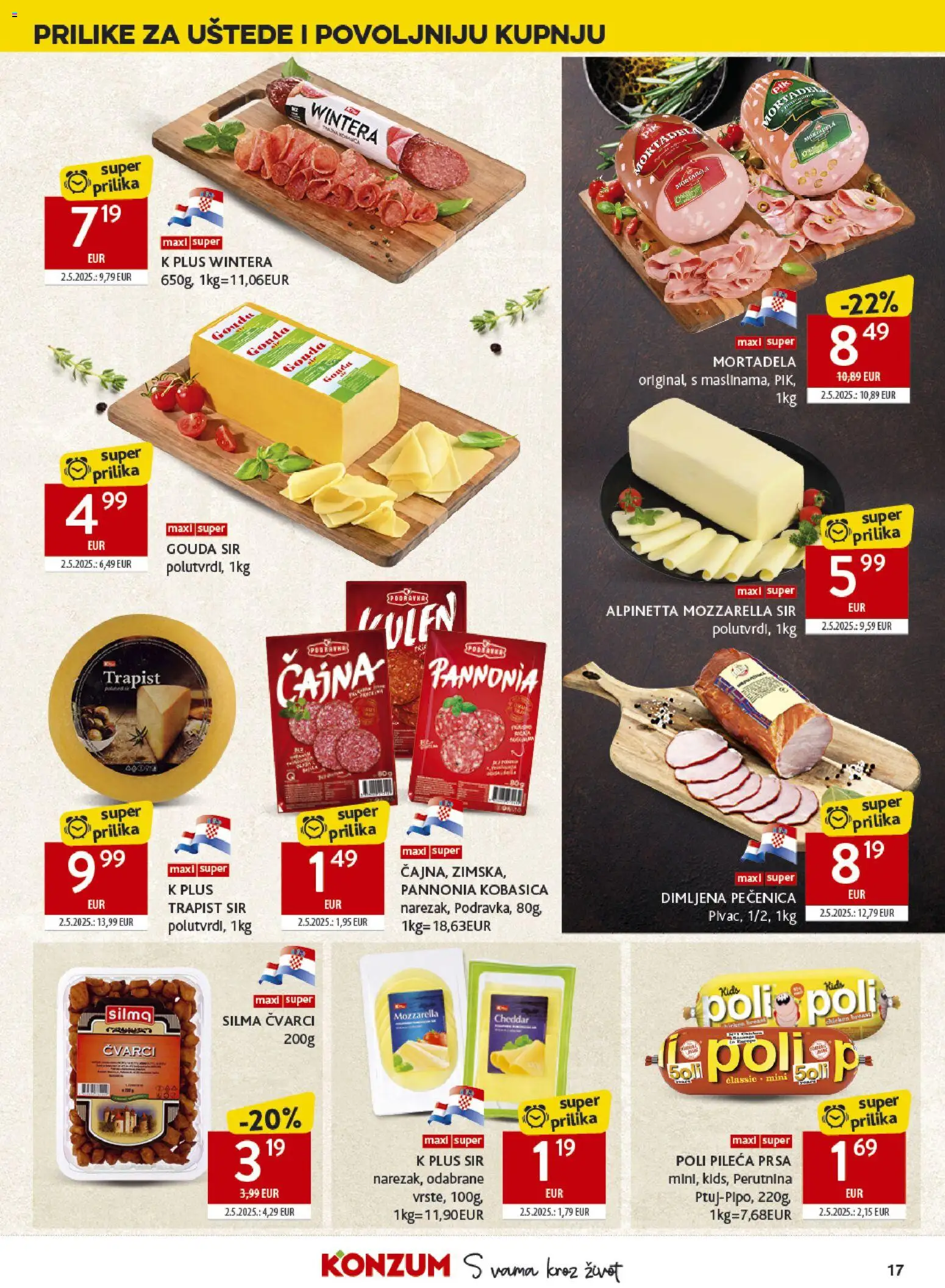 Konzum HR akciós ujság - amely érvényes a következő dátumtól: 2026.07.22. | Oldal: 17 | Termékek: Mozzarella, Gouda, Cheddar