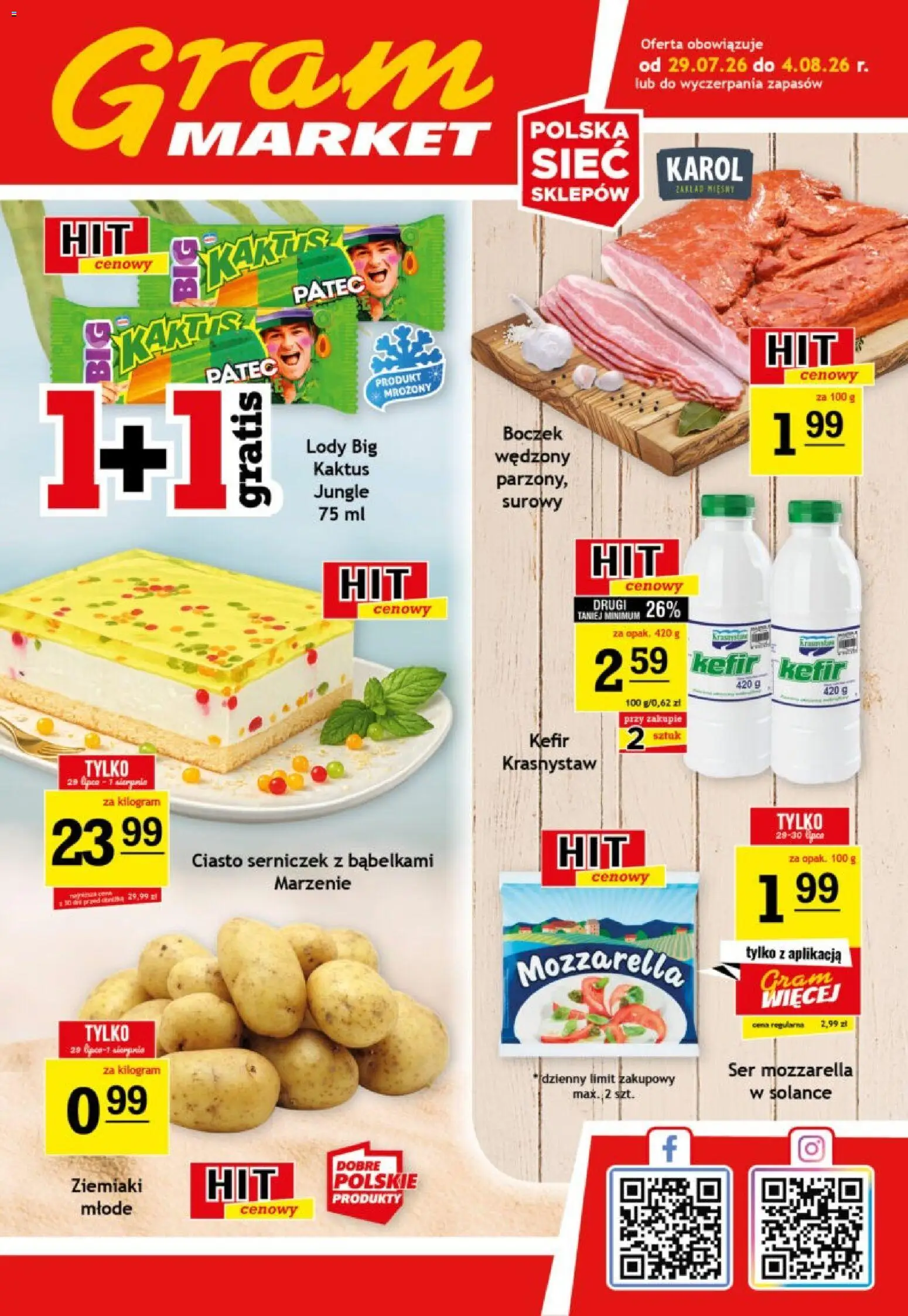 Gram Market gazetka od 29.07.2026 | Strona: 1 | Produkty: Kefir, Ser, Mozzarella, Lody