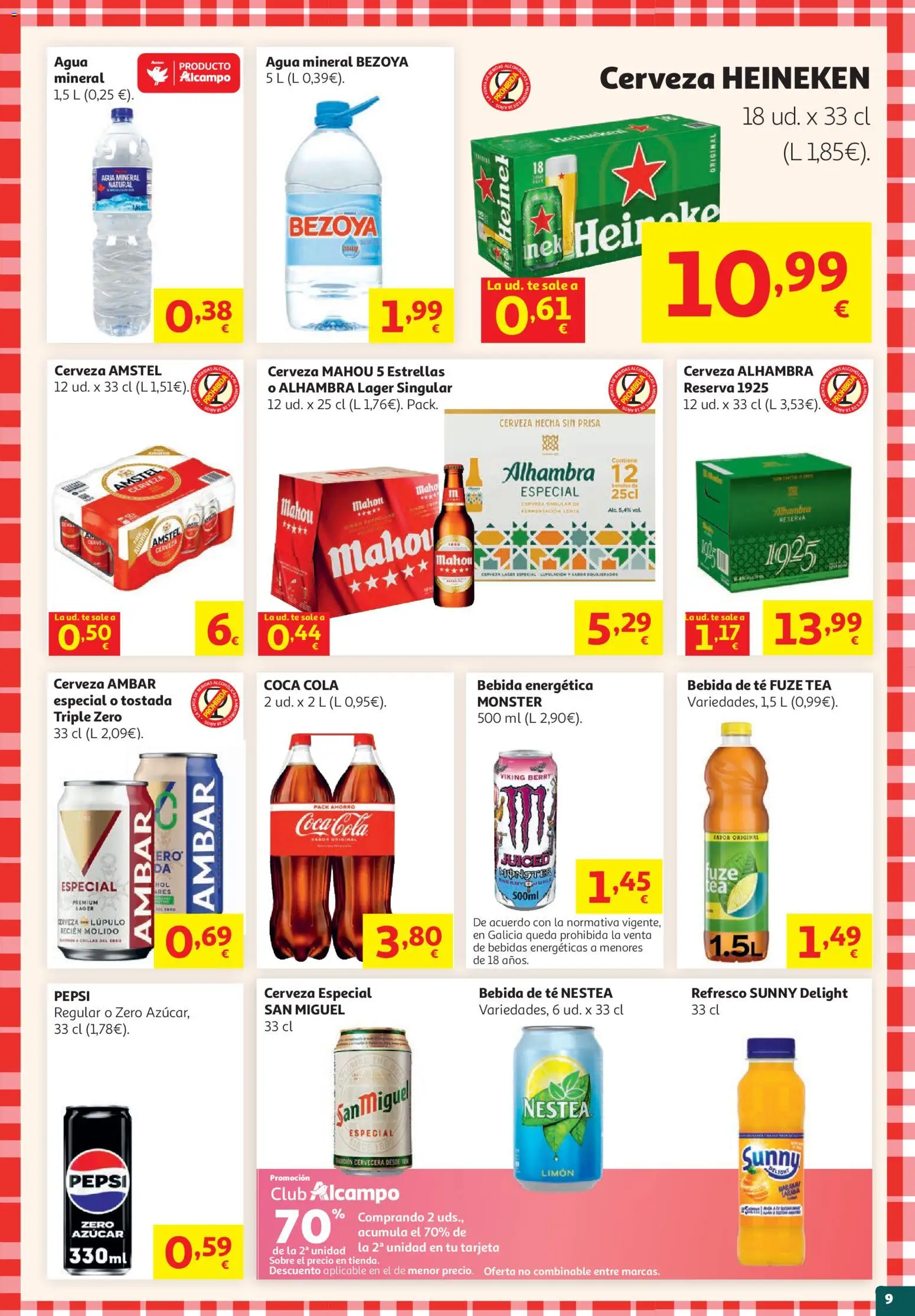 Alcampo HP Cat │ válido desde el 19.05.2026 | Página: 9 | Productos: Cerveza, Té, Agua mineral, Σπανάκι