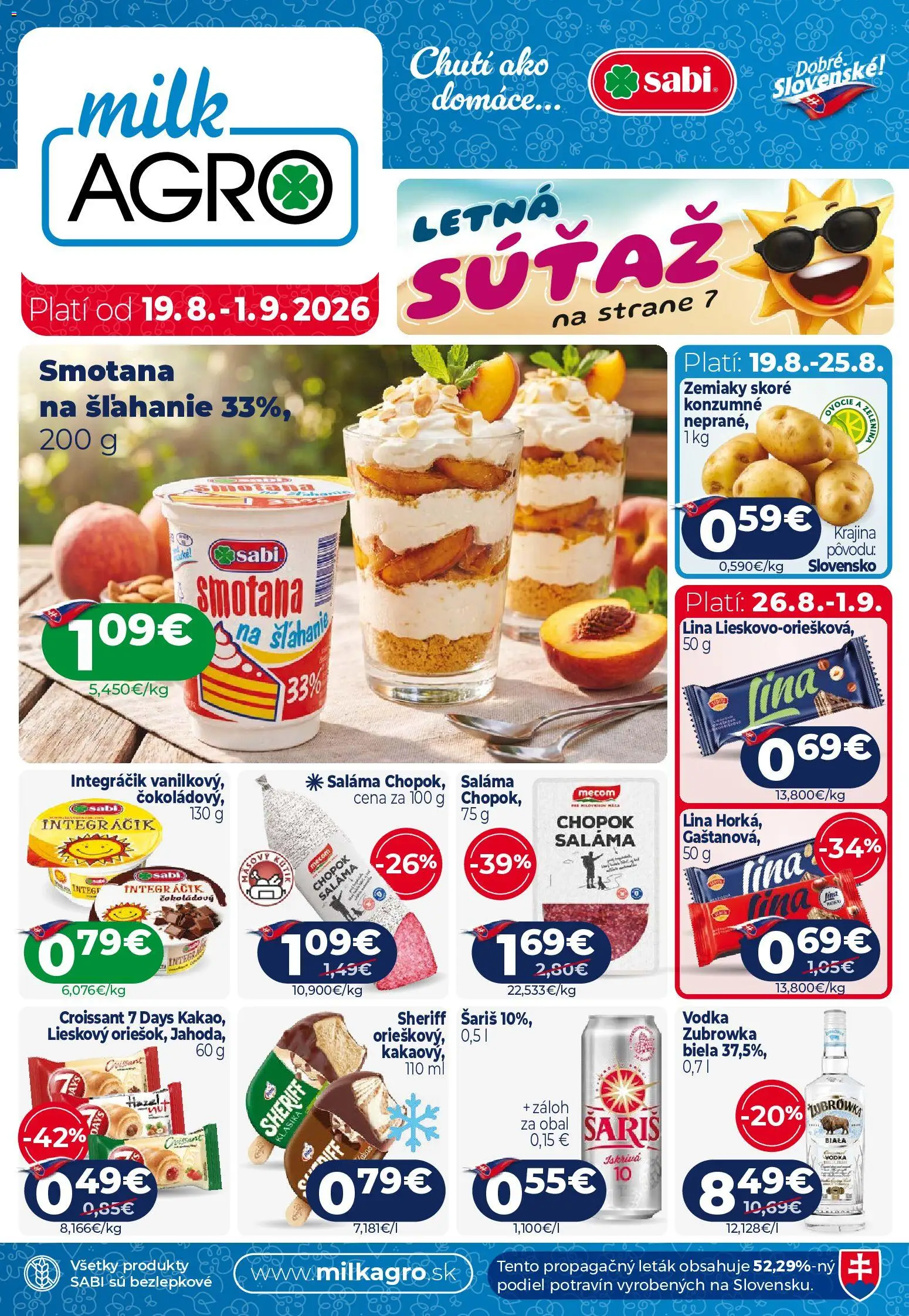 Nové Milk Agro akcie – leták je platný od 19.08.2026 | Strana: 1 | Produkty: Croissant, Mäso, Vodka, Zemiaky