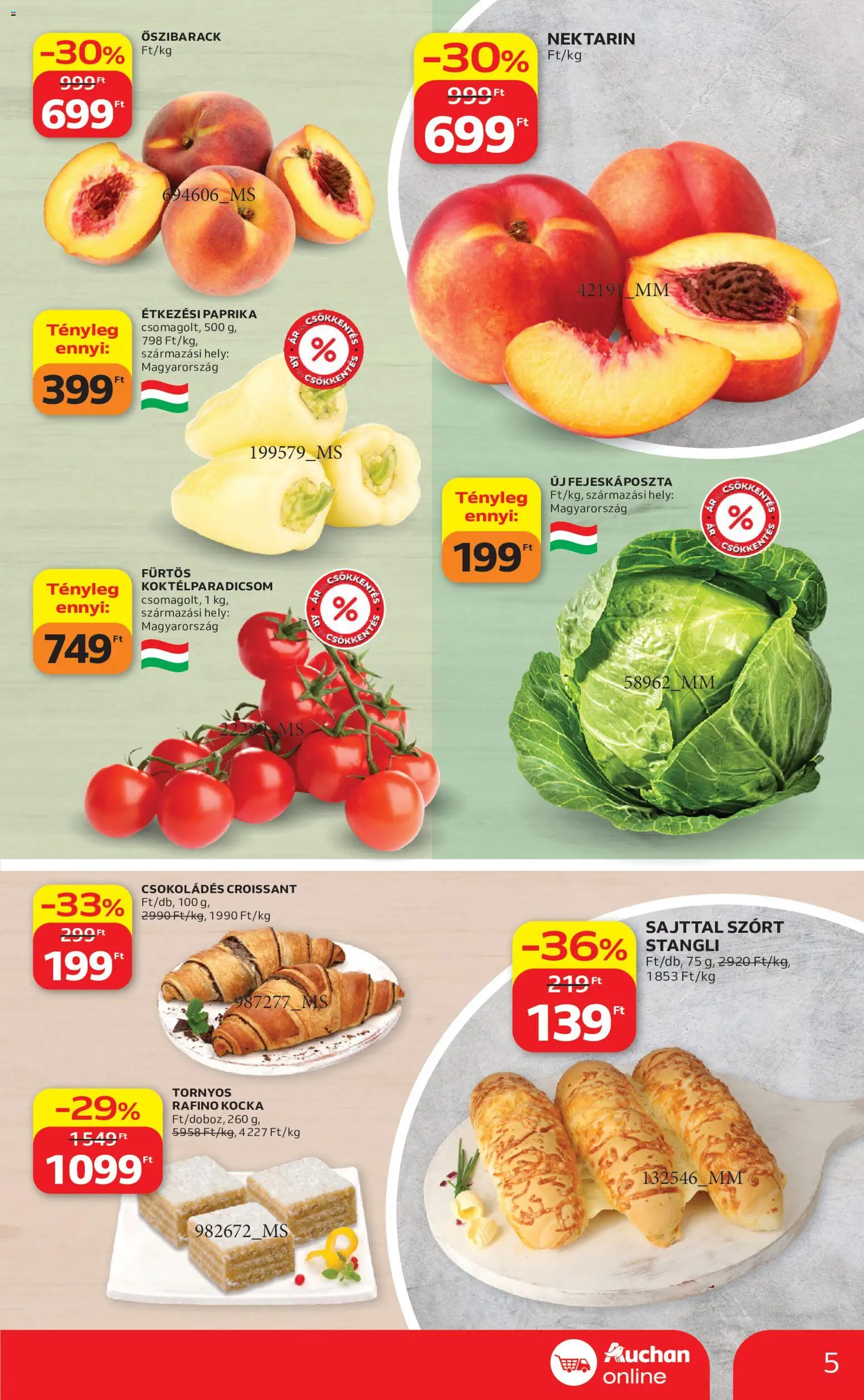 Auchan akciós ujság - amely érvényes a következő dátumtól: 2026.07.02. | Oldal: 5 | Termékek: Őszibarack, Croissant, Stangli, Koktélparadicsom