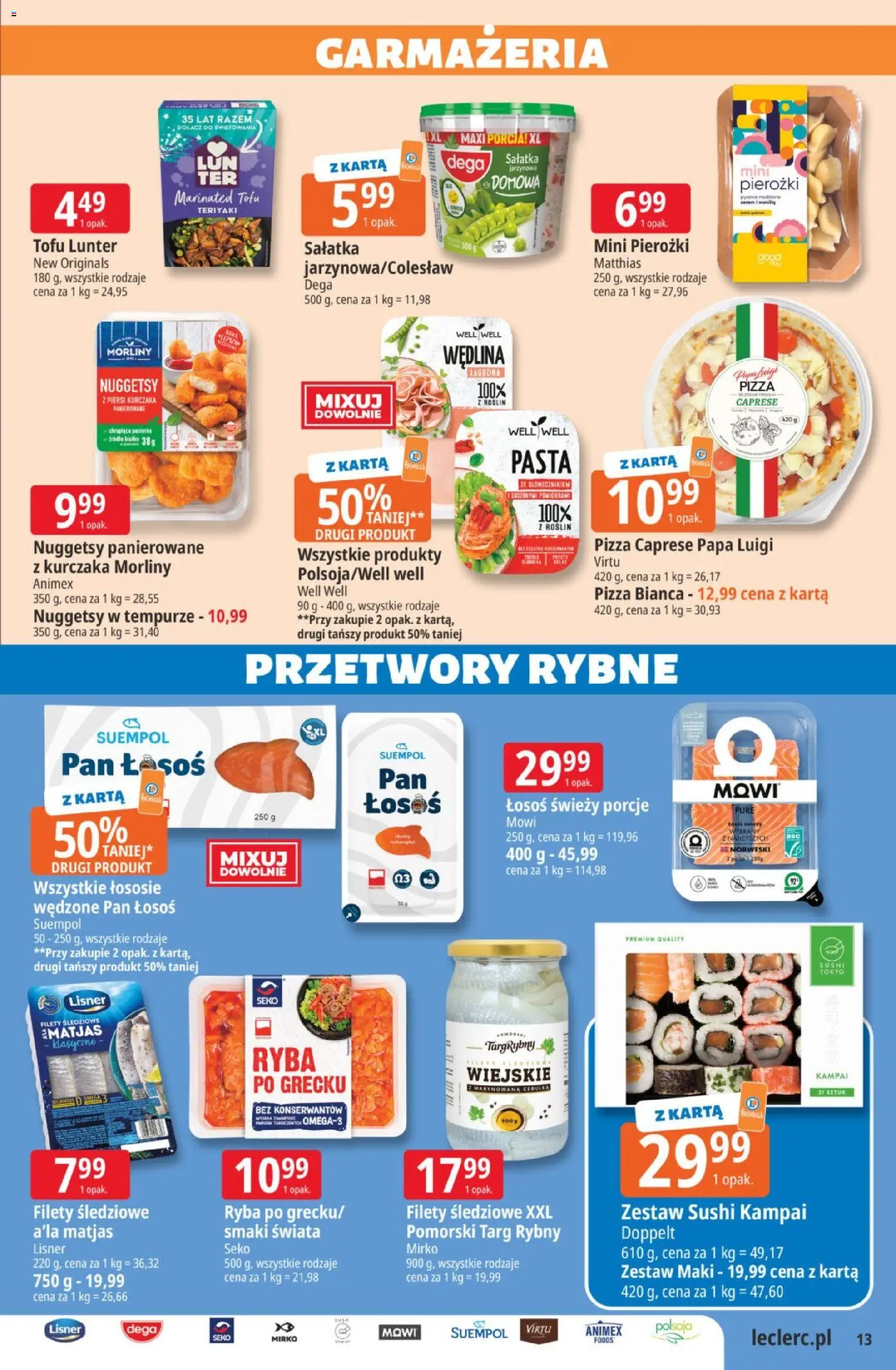 E.Leclerc gazetka od 22.09.2026 | Strona: 13 | Produkty: Serem, Nuggetsy w tempurze, Łosoś, Zestaw sushi