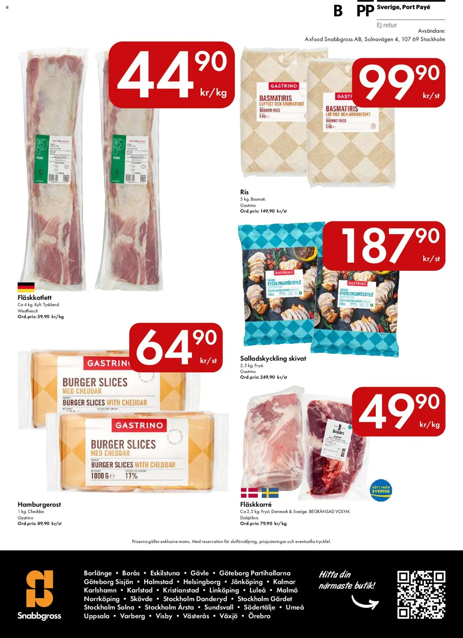 Snabbgross reklamblad aktuell från 10/08/2026 | Sida: 12 | Produkter: Galler, Cheddar, Fläskkarré, Basmatiris