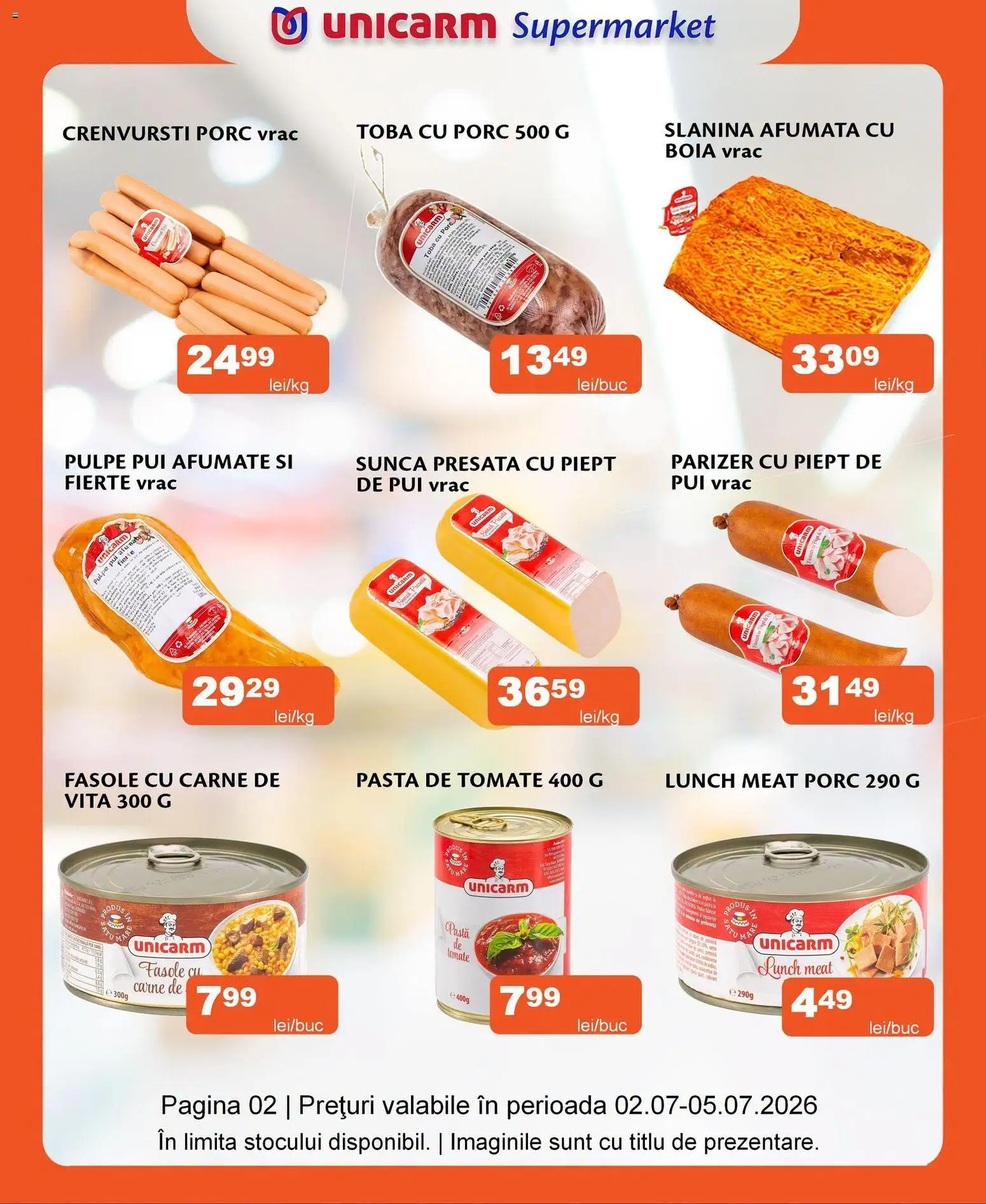 Noul catalog Unicarm – valabil de la 02.07.2026 | Pagină: 2 | Produse: Crenvurști, Pastă de tomate, Șuncă, Parizer