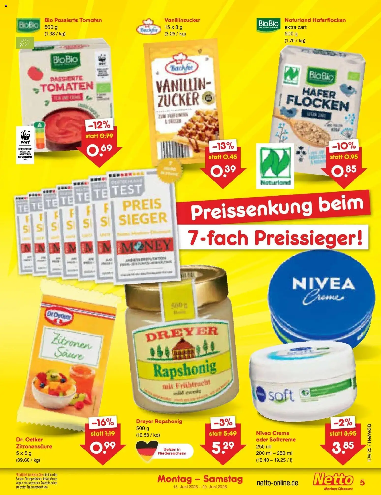 Netto Marken-Discount Prospekt Hamburg – gültig ab 15.06.2026 | Seite: 5 | Produkte: Tomaten, Creme, Zucker, Flocken