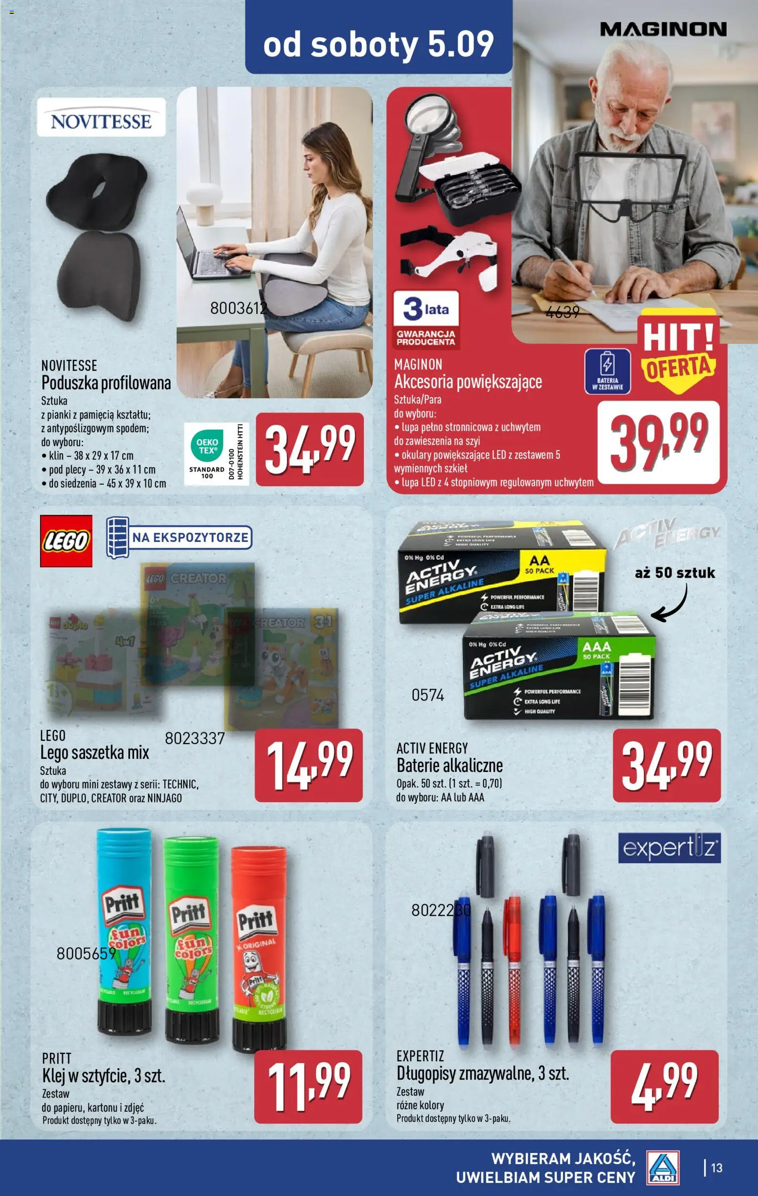 Aldi gazetka - Hity od Środy i od Soboty od 02.09.2026 | Strona: 13 | Produkty: Poduszka profilowana, Bateria, Pianki, Długopisy