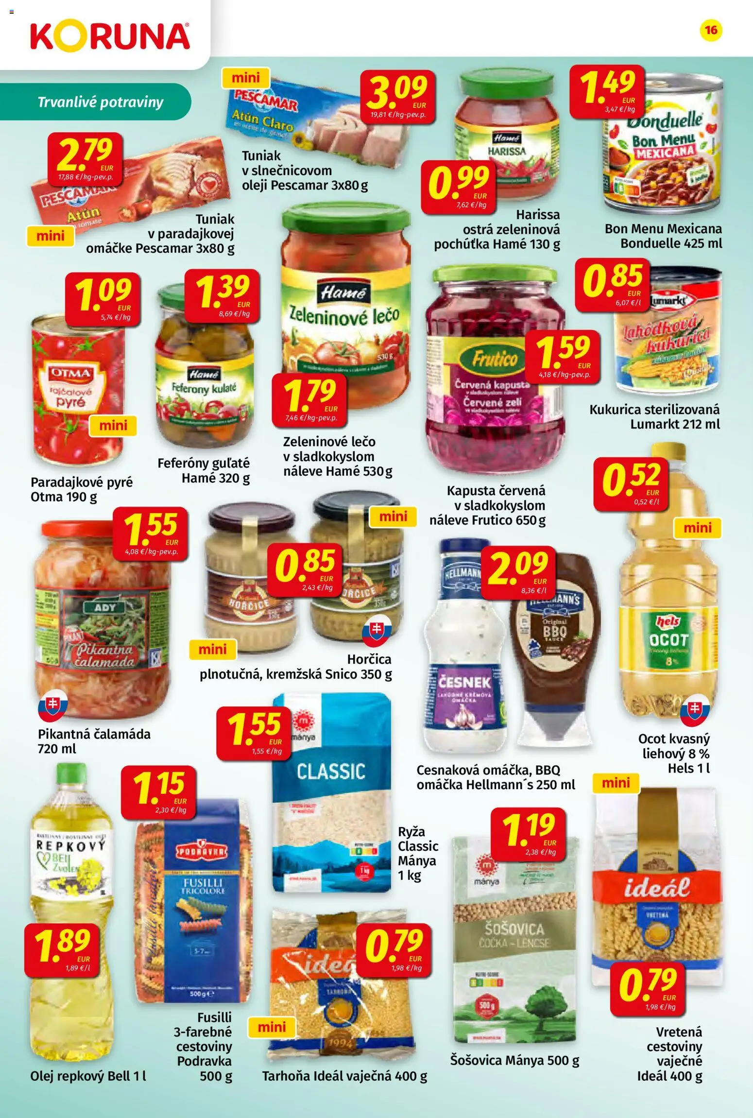 Nové Koruna akcie – leták je platný od 22.05.2026 | Strana: 16 | Produkty: Kapusta, Ryža, Ocot, Tarhoňa