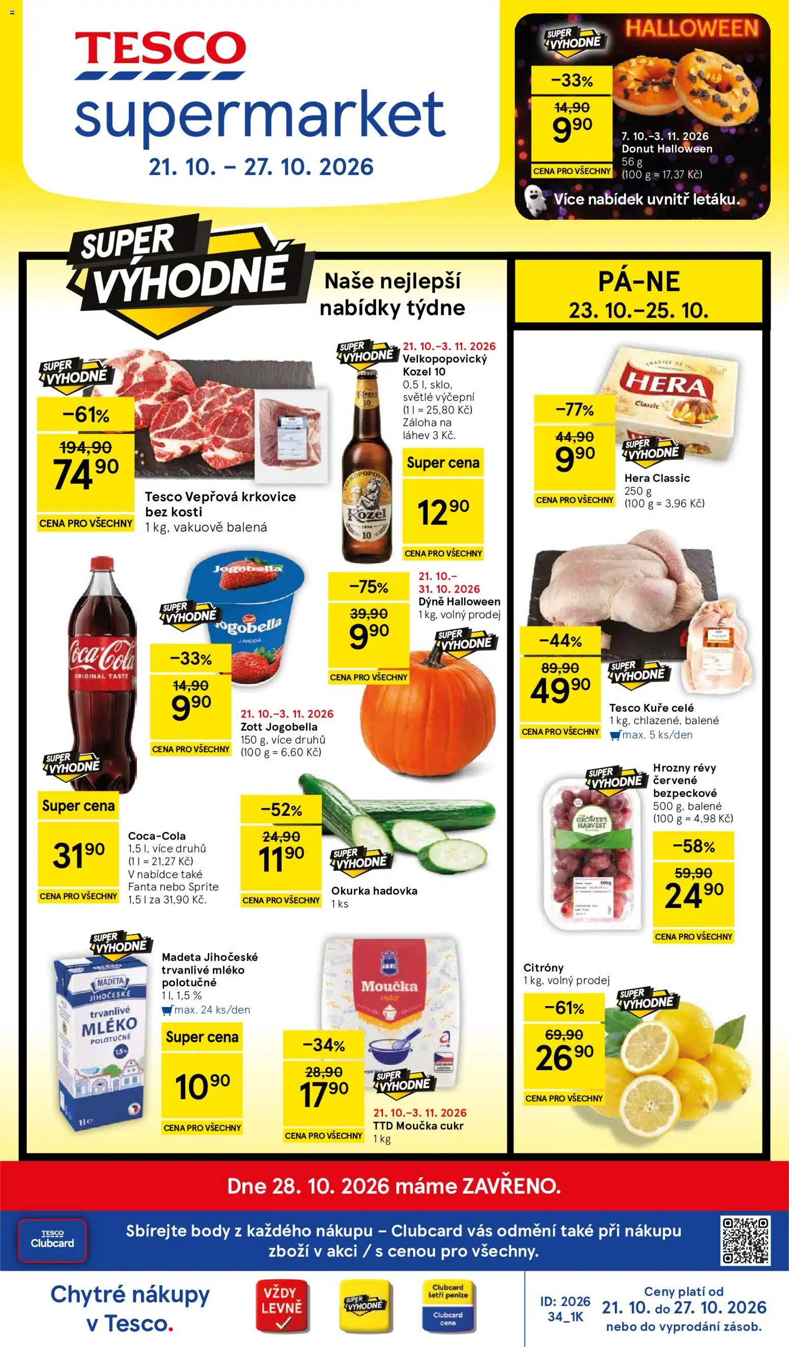 Tesco leták - Supermarket od 21.10.2026 | Strana: 1 | Produkty: Mléko polotučné, Velkopopovický Kozel, Vepřová krkovice bez kosti, Body