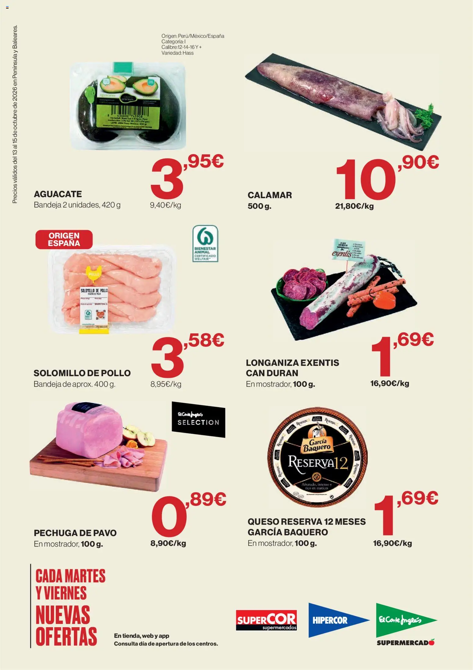 Hipercor Solo 3 días │ válido desde el 13/10/2026 | Página: 2 | Productos: Aguacate, Queso, Pollo, Pavo