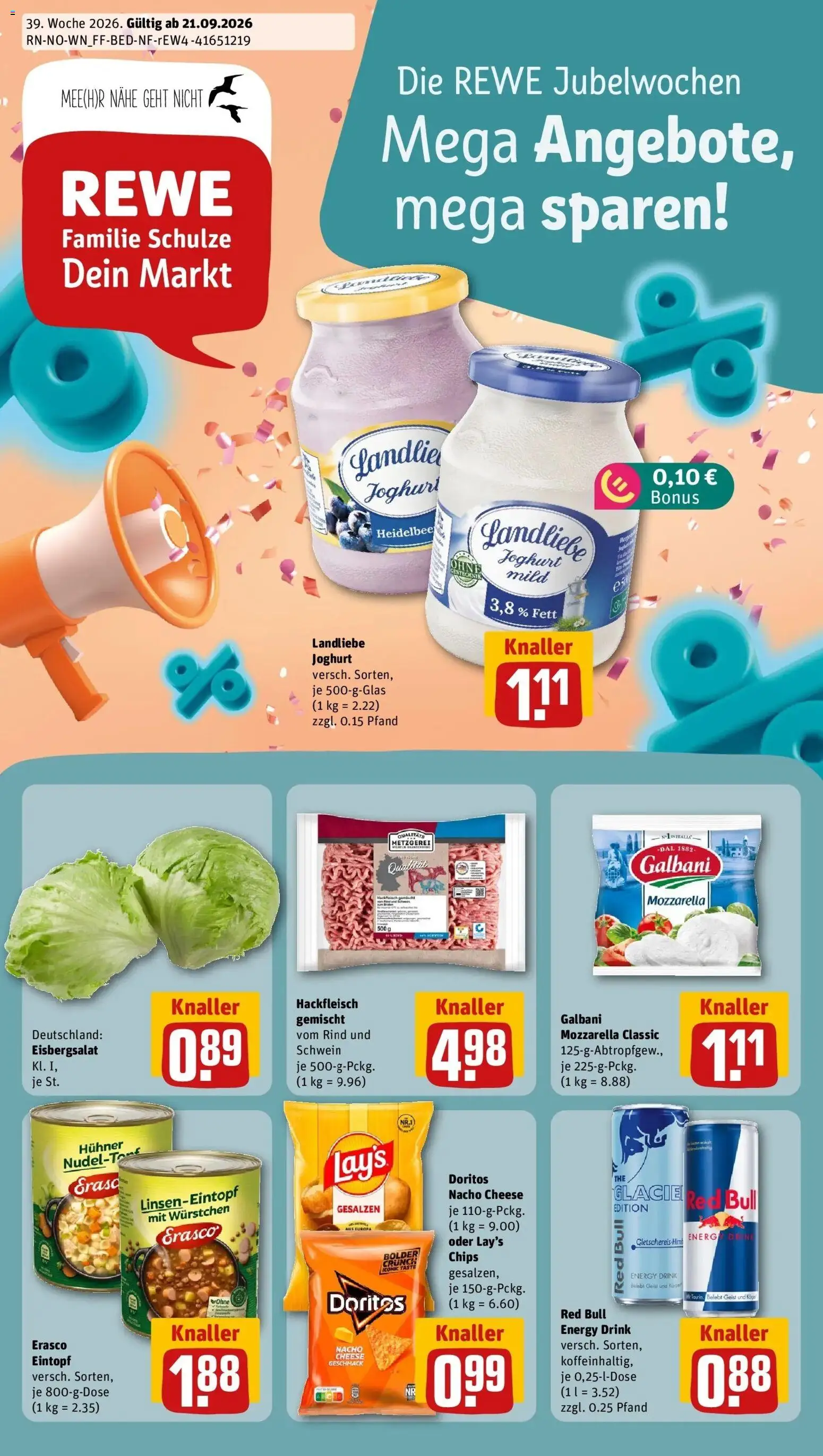 REWE Prospekt ab 21.09.2026 zum Blättern » Angebote | Seite: 1 | Produkte: Mozzarella, Landliebe joghurt, Erasco, Chips