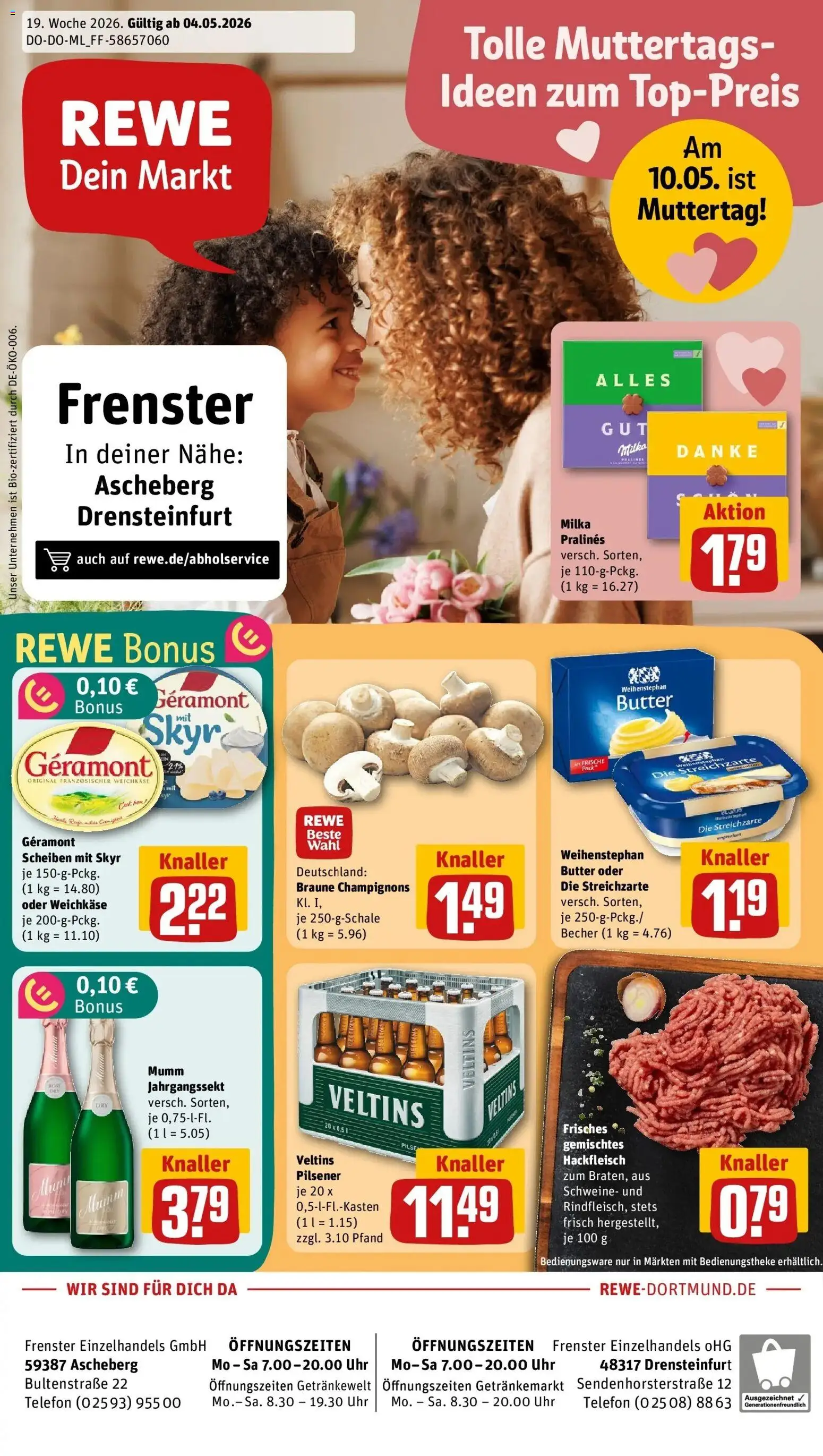 REWE Prospekt ab 04.05.2026 zum Blättern » Angebote | Seite: 1 | Produkte: Geramont, Telefon, Uhr, Hackfleisch