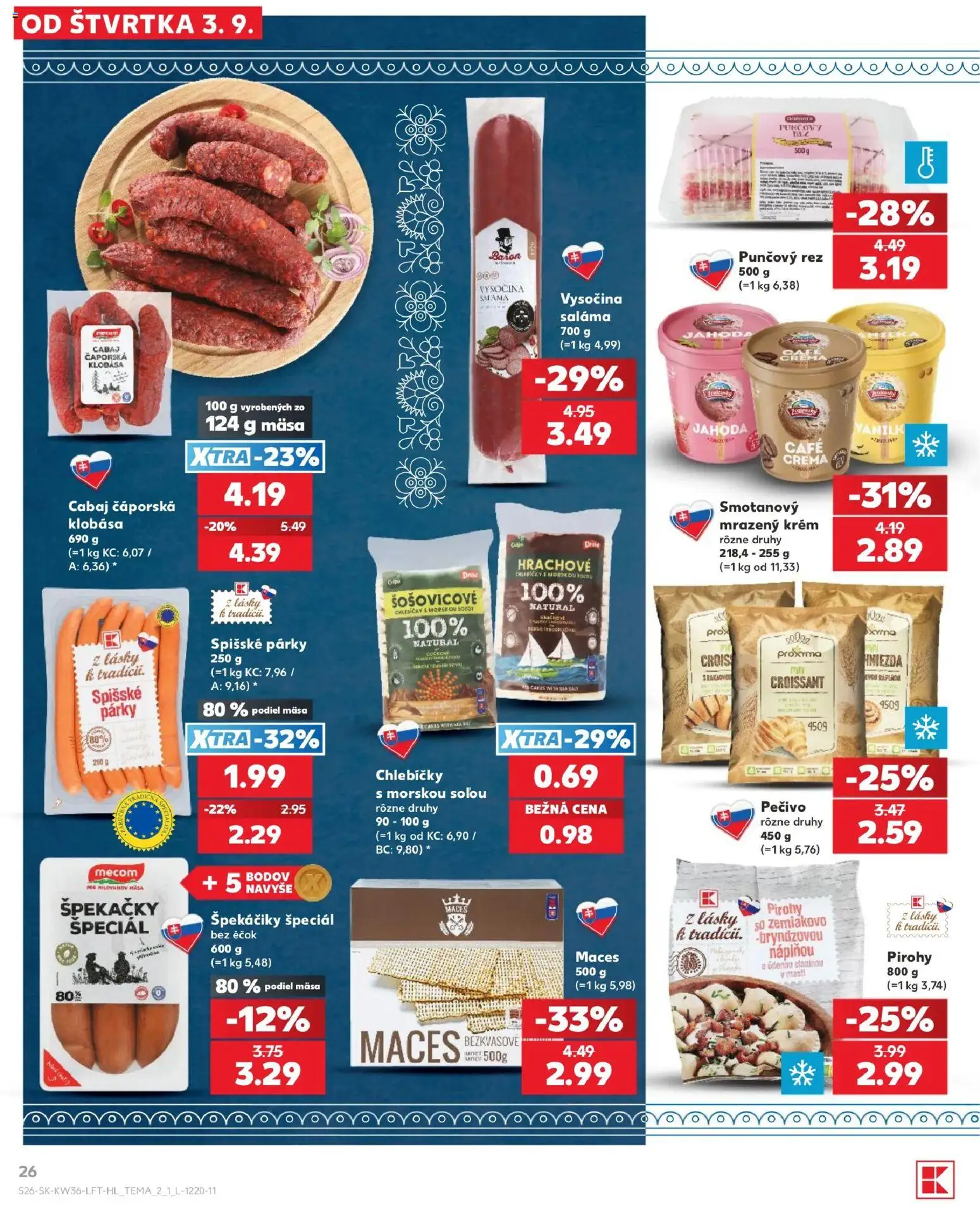 Nové Kaufland akcie – leták je platný od 03.09.2026 | Strana: 26 | Produkty: Pirohy, Krém, Párky, Pečivo