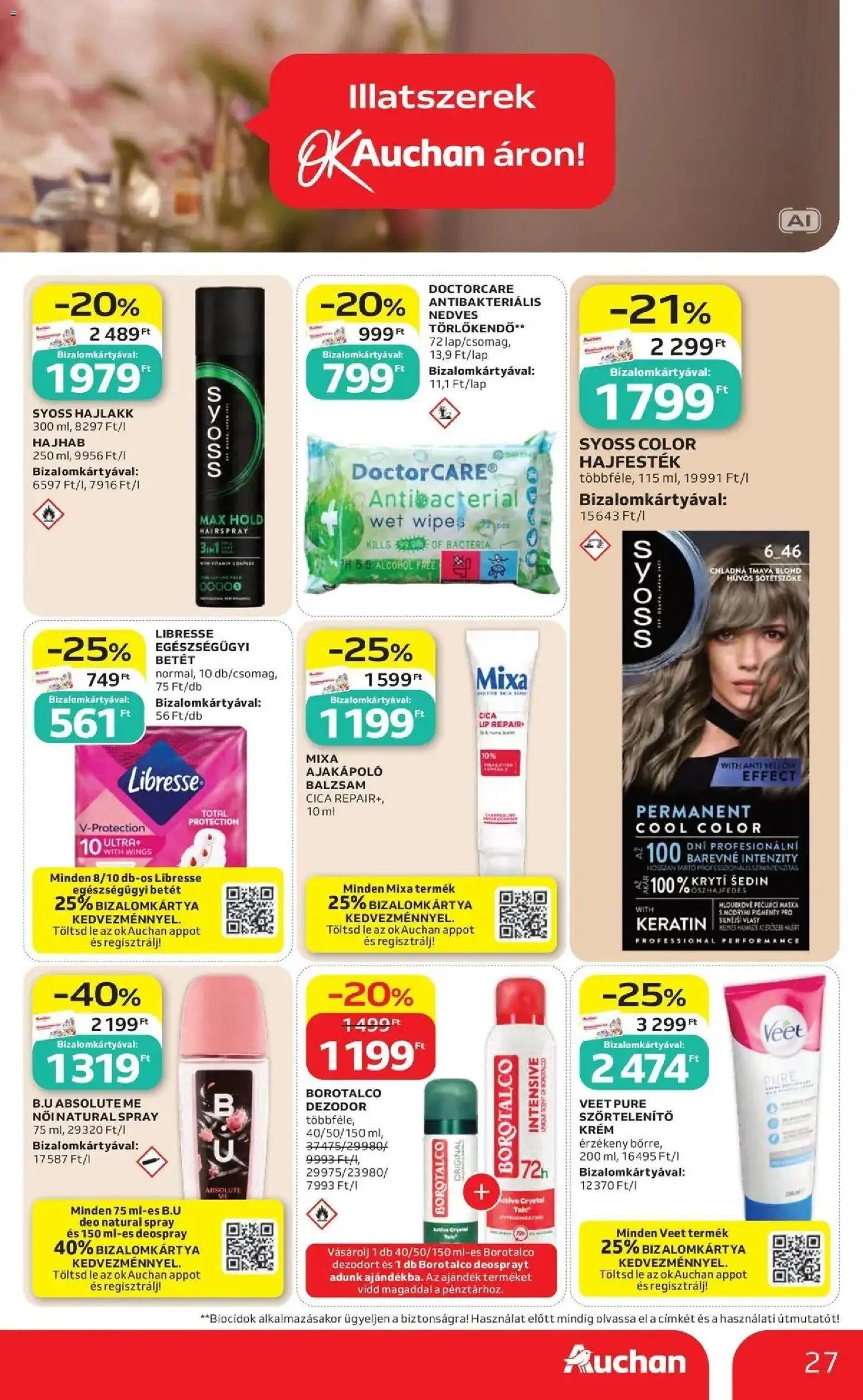 Auchan akciós újság Szolnok - 2026.08.27. -tól/töl > akció, lapozható szórólap 🛍️ | Oldal: 27 | Termékek: Szőrtelenítő, Egészségügyi betét, Dezodor, Szőrtelenítő krém