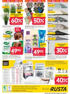 Parasoll, Vattenavvisande och UV-skyddshandlat tyg. Finns i olika storlekar och färger. Sortimentet kan variera mellan varuhusen. - Förhandsvisning av reklamblad från butik Rusta aktuell från 22/06/2026 | Sida: 16