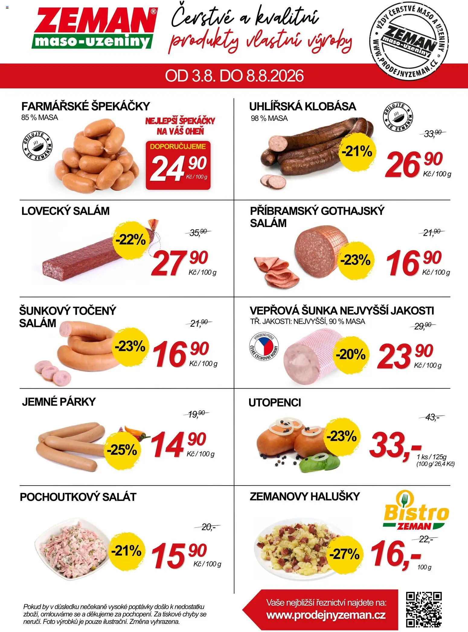 Prodejny Zeman aktuální leták od 03.08.2026 | Strana: 1 | Produkty: Salám, Salát, Utopenci, Maso
