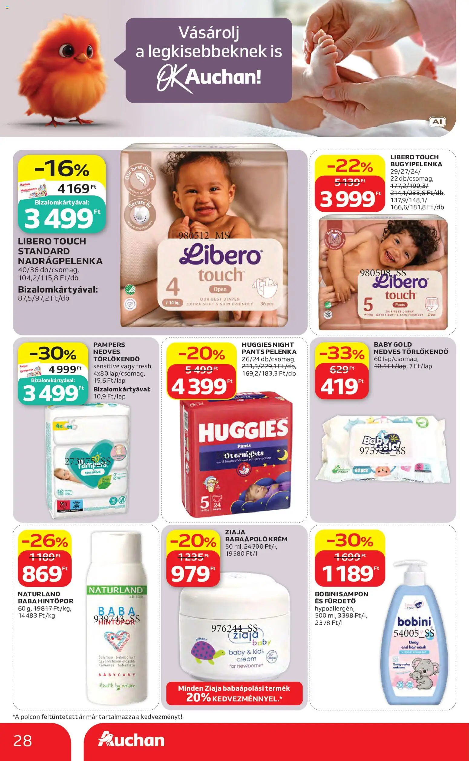 Auchan akciós ujság - amely érvényes a következő dátumtól: 2026.08.27. | Oldal: 28 | Termékek: Pampers, Body, Nedves törlőkendő, Bugyipelenka
