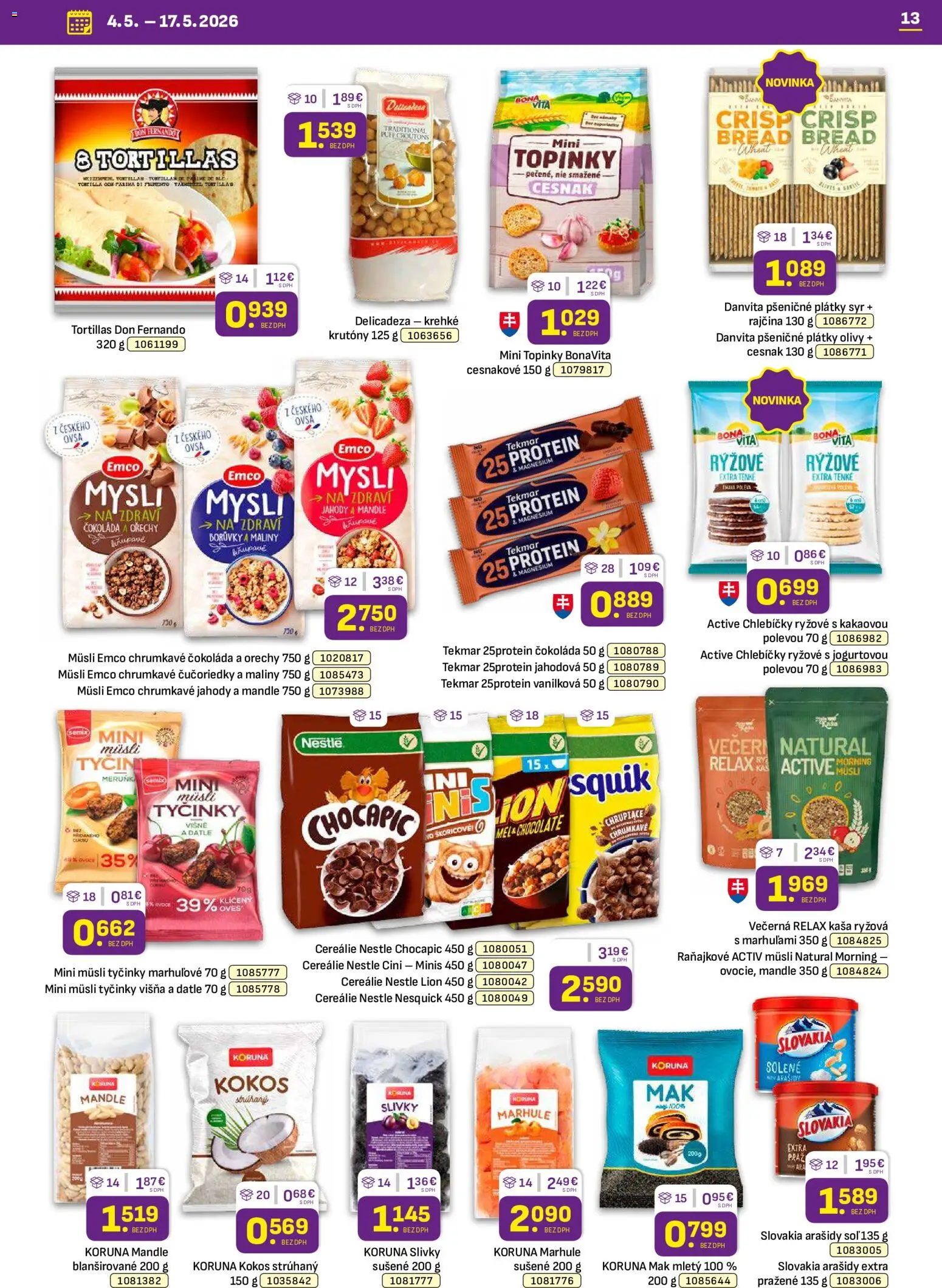 Nové Libex akcie – leták je platný od 04.05.2026 | Strana: 13 | Produkty: Protein, Jahody, Cereálie, Slivky