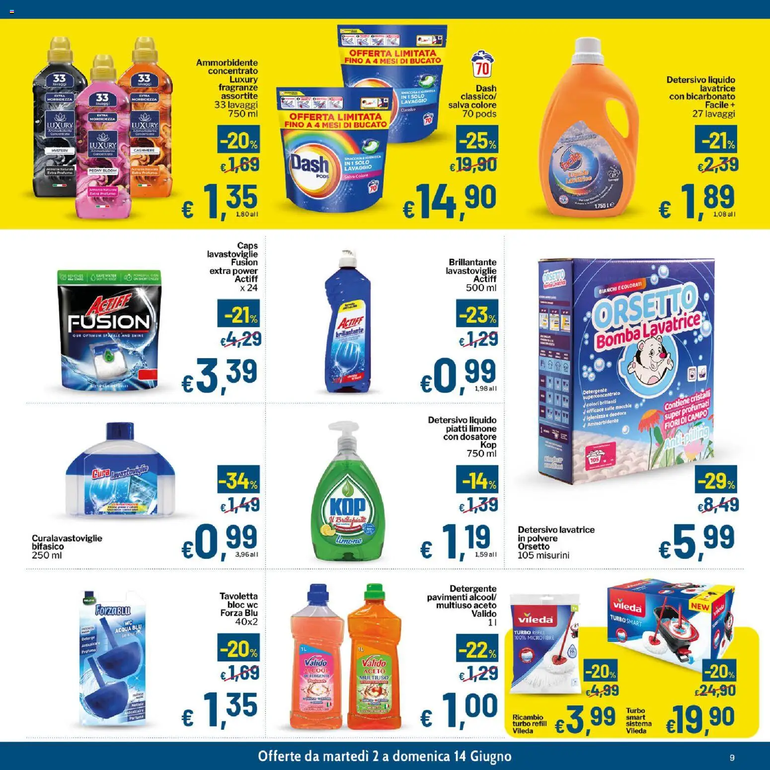 Volantino Qui Discount del 02.06.2026 | Pagina: 9 | Prodotti: Ammorbidente, Anticalcare, Lavatrice, WC