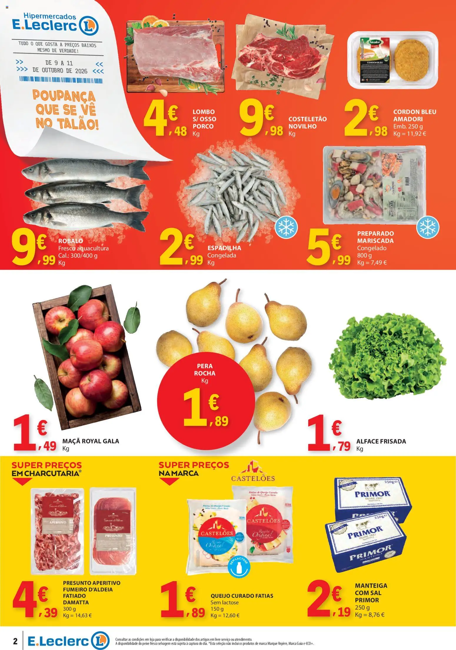 E.Leclerc folheto Fim de Semana │ válido de 09/10/2026 | Página: 2 | Produtos: Queijo, Lombo, Maça, Alface