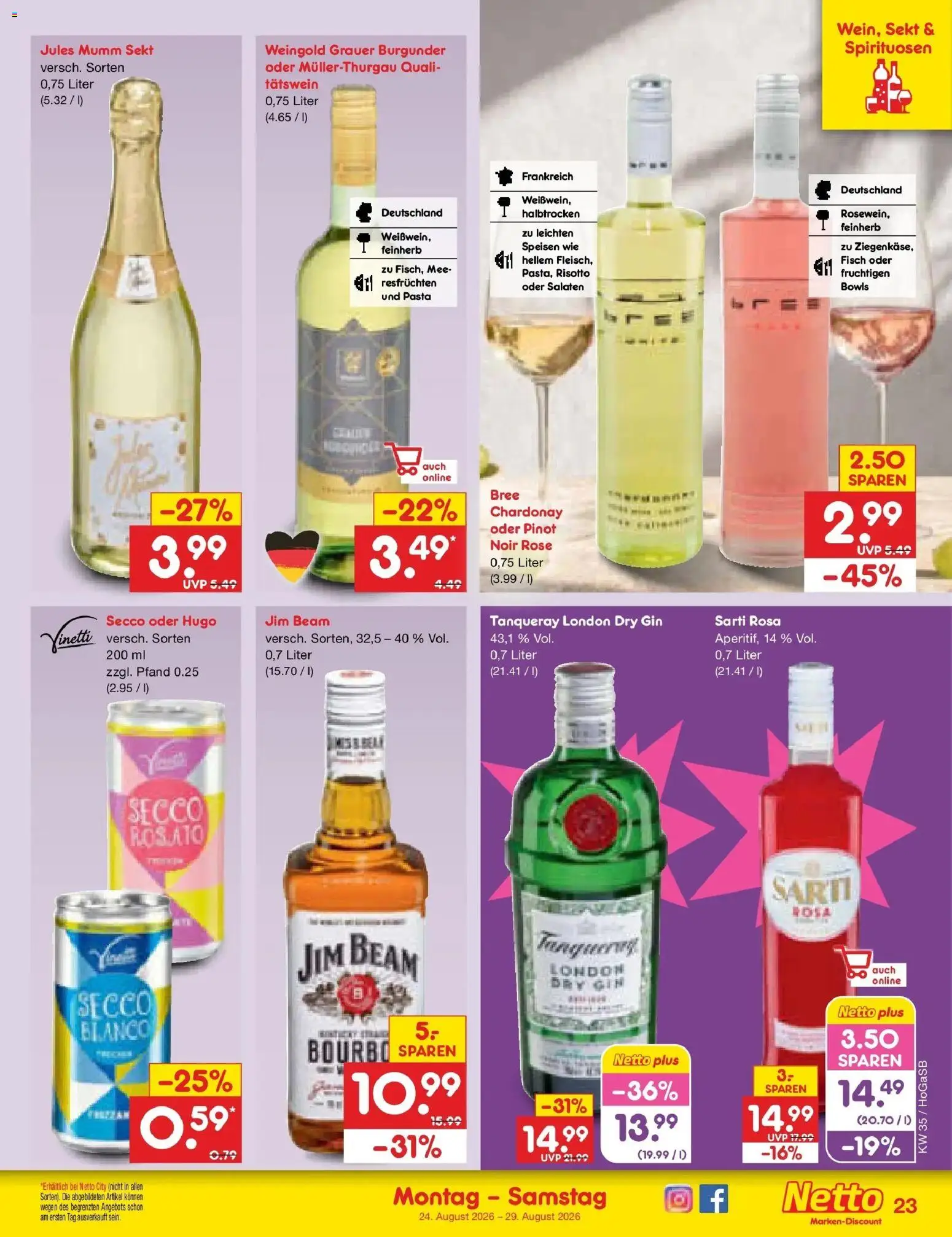 Netto Marken-Discount Prospekt Hannover (ab 24.08.2026) » Angebote | Seite: 35 | Produkte: Sekt, Fisch, Pasta, Gin