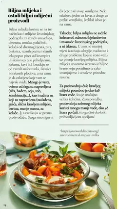 Biljna mlijeka i ostali biljni mliječni proizvodi, Biljna mlijeka koriste se na isti način kao i mlijeko životinjskog podrijetla: za izradu smoothija, deserta, umaka, palačinki, kolača od dizanog tijesta, pita, biskvita, raznih peciva i slanih jela poput pirea od krumpira ili složenaca te u pahuljicama, kašama, kavi i sl. Izrađuju se od raznih mahunarki, žitarica i orašastih plodova, a na vama je da otkrijete koje vam se najviše sviđa. Mnogo je vrsta, ovisno od čega su napravljena (riža, badem, soja, zob, kombinacije...), kao i načina na koji su napravljena (zaslađena, gušća, slična kravljem mlijeku, barista, manje masna, za kolače...), a razlikuju se prema proizvođaču. Stoga smo sigurni da ćete naći svoje omiljeno. Neki odaberu jedno za kavu, a drugo za preliti cornflakes, (veliki) izbor je na vama. - Pregled kataloga iz trgovine Lidl, vrijedi od 25.10.2024 | Stranica: 14